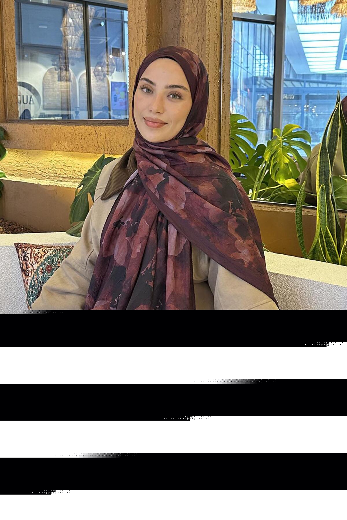 Batik Çiçek Desen Bambu Şal Koyu Bordo