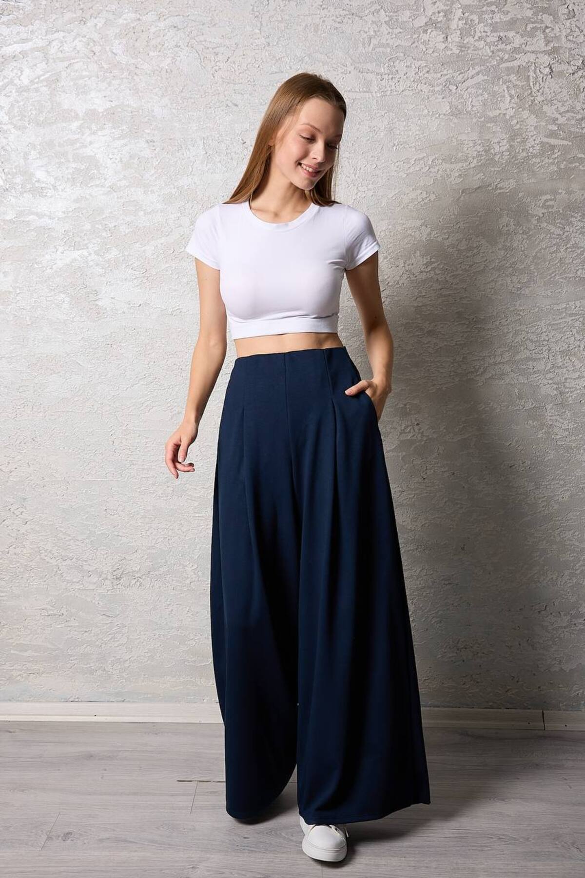 Kadın Pileli Gizli Cepli Palazzo Pantolon Lacivert