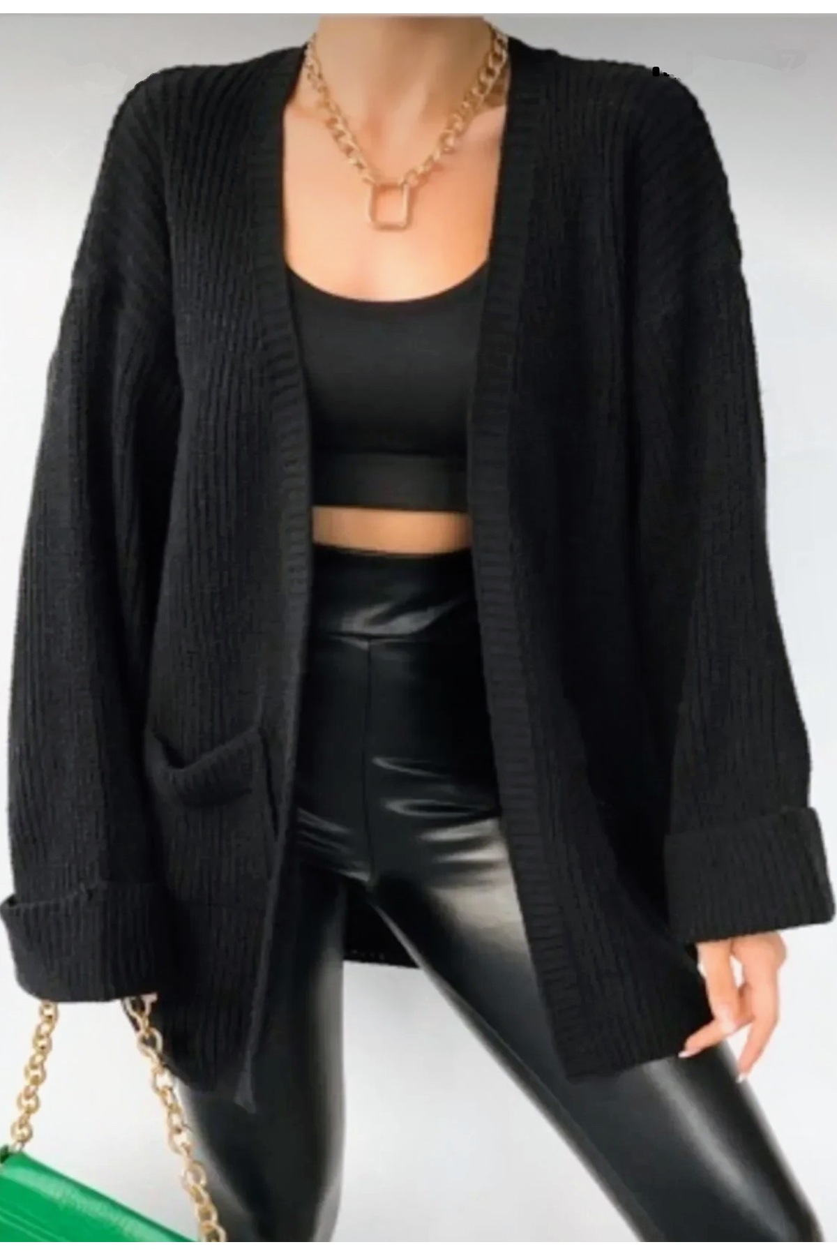 Kadın hırka duble kol cepli örgü triko