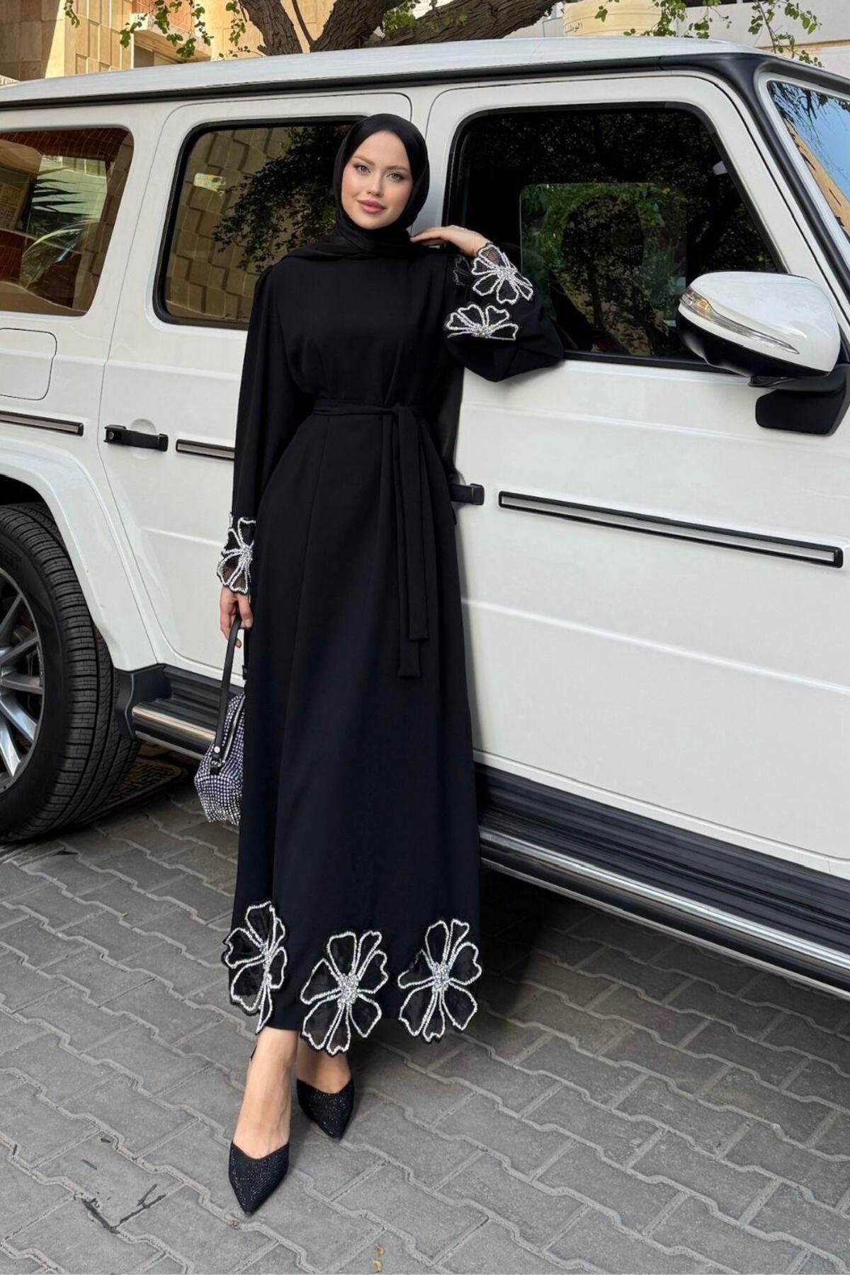 Ortanca Çiçekli Abiye Siyah
