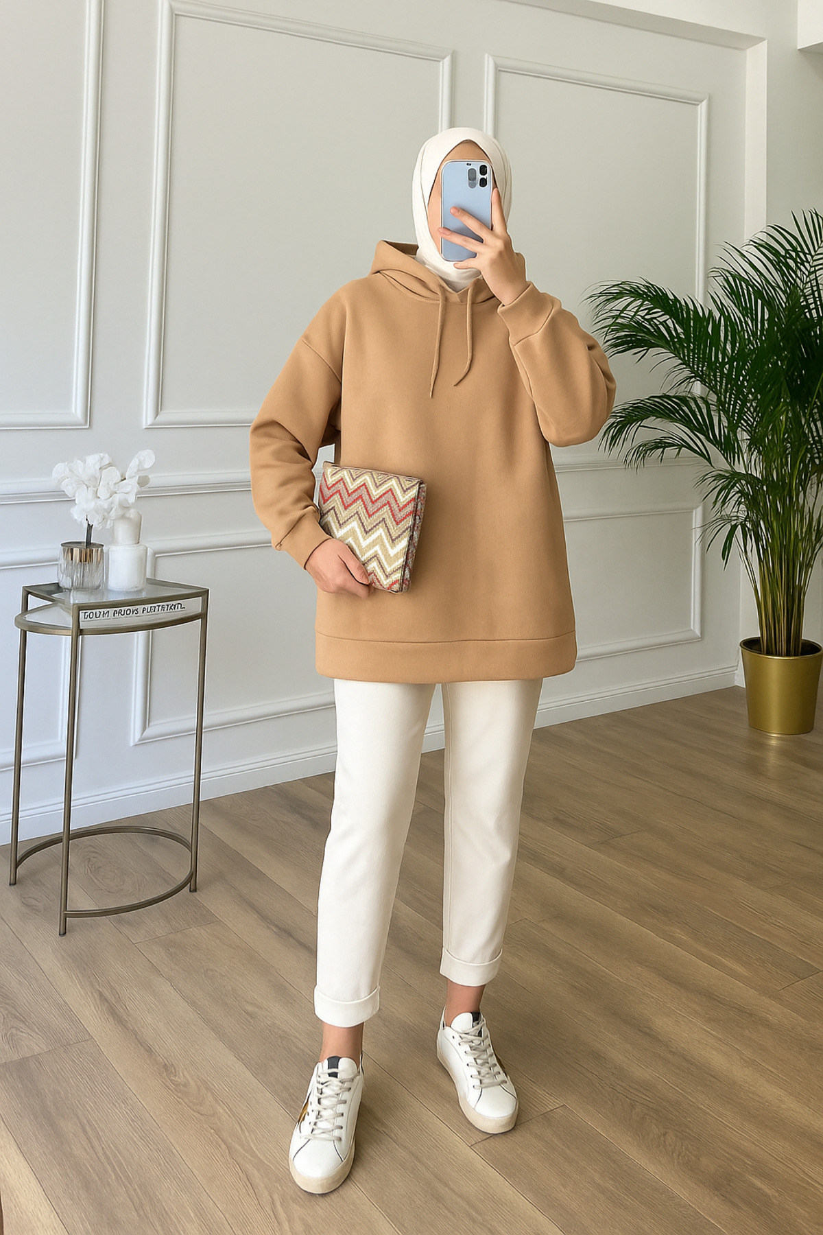 Kadın Kapüşonlu Balon Kol 3 İplik Şardonlu Geniş Ve Bol Kalıp Polar