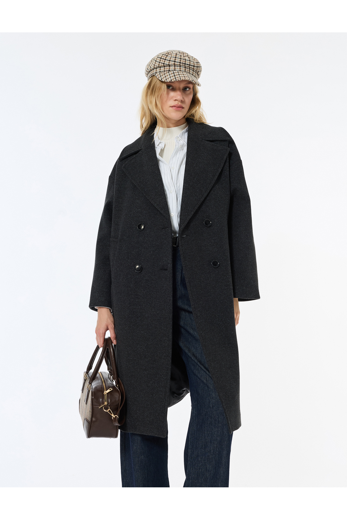 Oversize Kaban Kaşe Ekstra Uzun Kruvaze Düğmeli