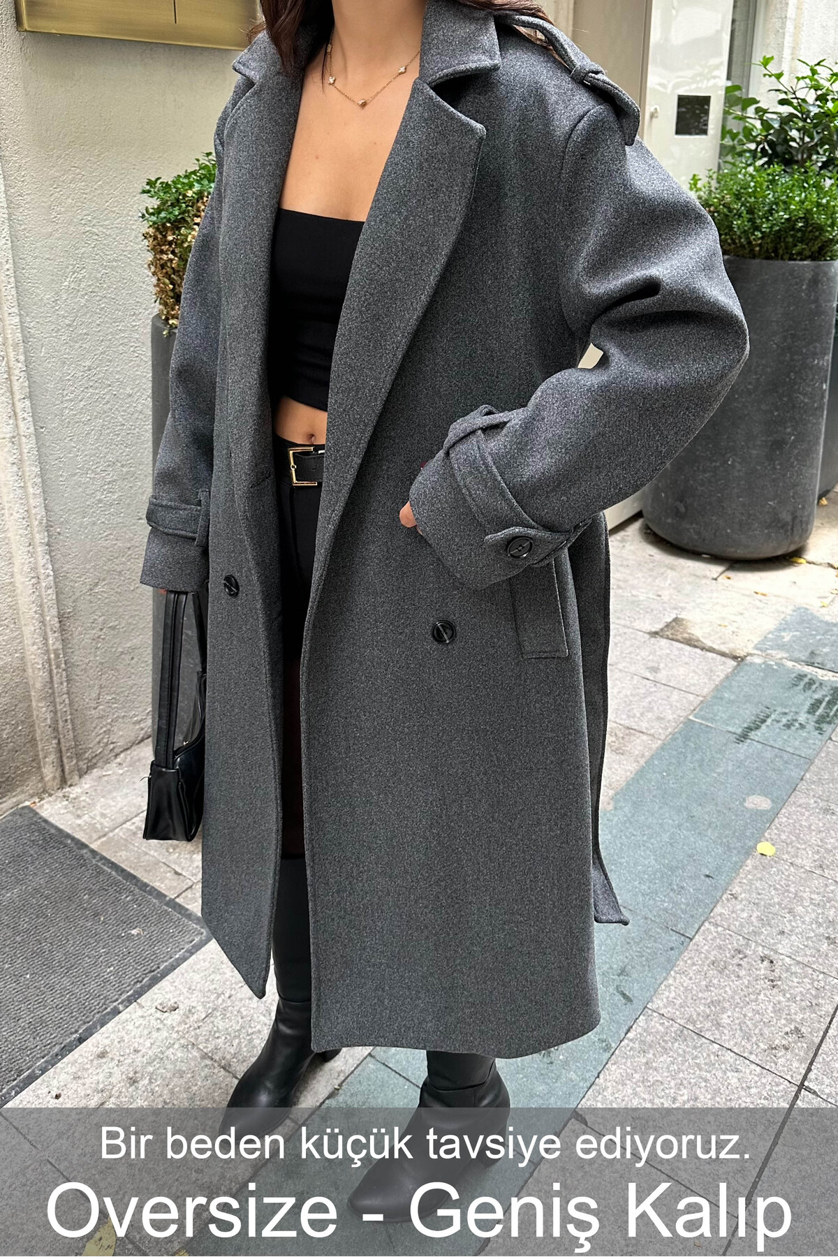 Kadın Antrasit Oversize Kuşaklı Premium Kaşe Kaban | Astarlı & Cepli MLB077