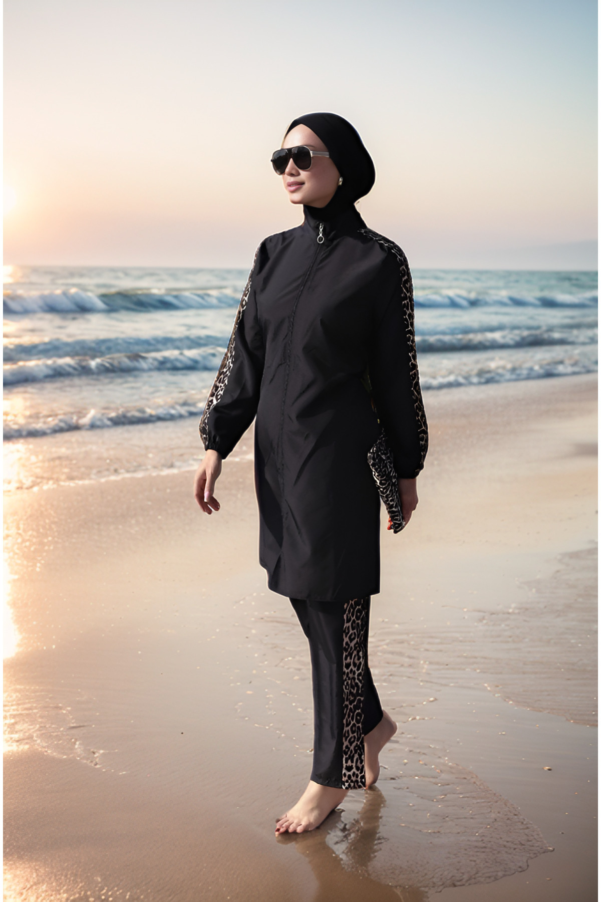 Bone ve Çanta Hediyeli Beli Büzgülü Tesettür Mayo Takım