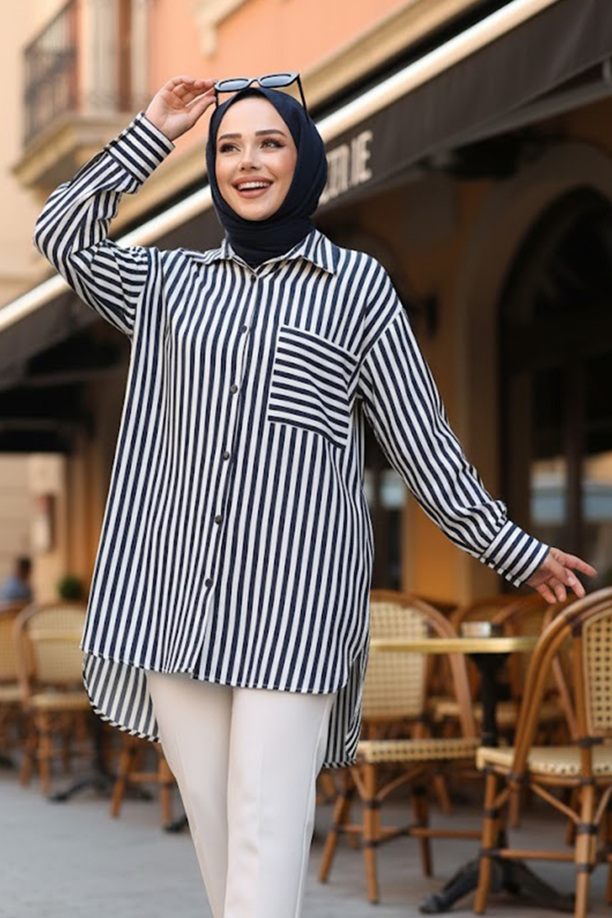 Çizgili Lacivert Tesettür Gömlek 10469L