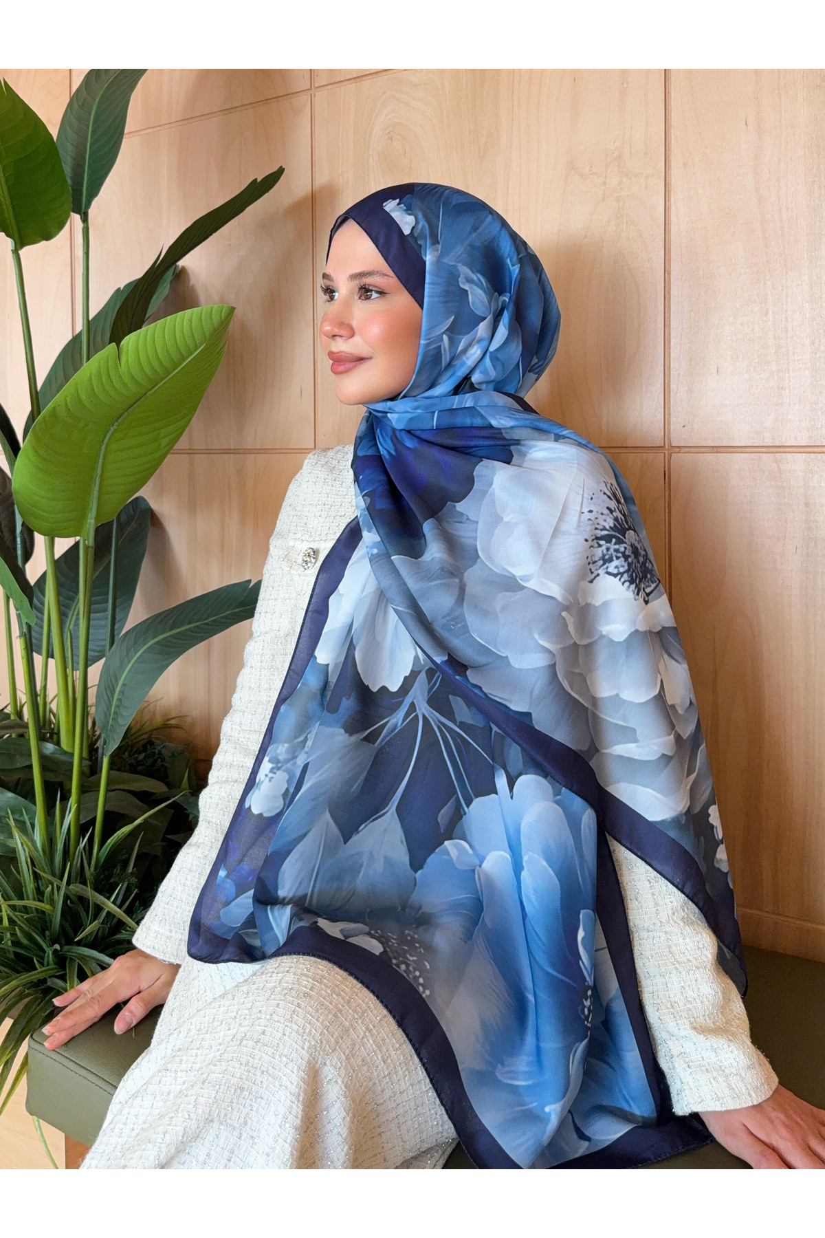 Desenli Pamuk Soft Şal Soon Serisi Lacivert Mavi ps154