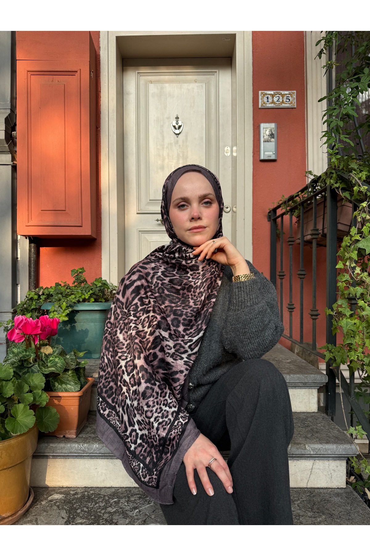 Animal Print Leopar Desenli Mor Bambu Kraş Şal