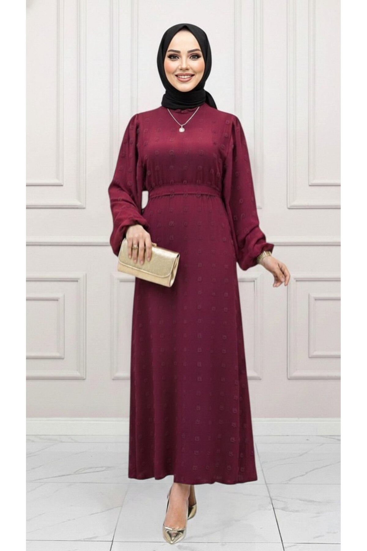 GÜLRU ELBİSE Bordo Kadın İthal Ayrobin Kumaş Mevsimlik Elbise