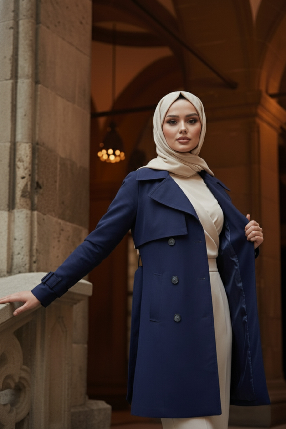 Lacivert %100 Pamuk Gabardin Midi (95 cm) Astarlı Kemerli Kadın Tesettür Trençkot