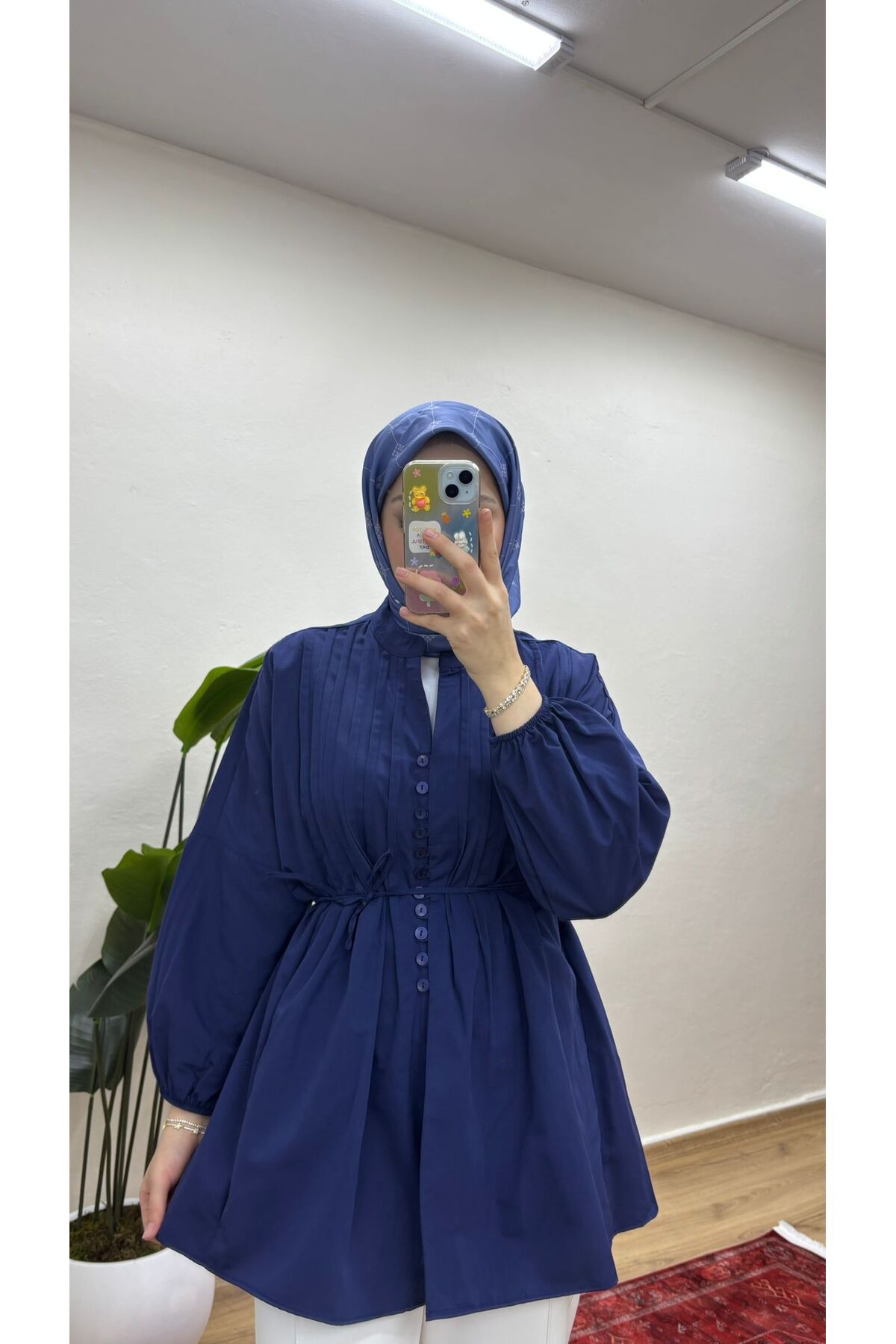 Kadın Nervürlü Keten Tesettür Gömlek - Lacivert