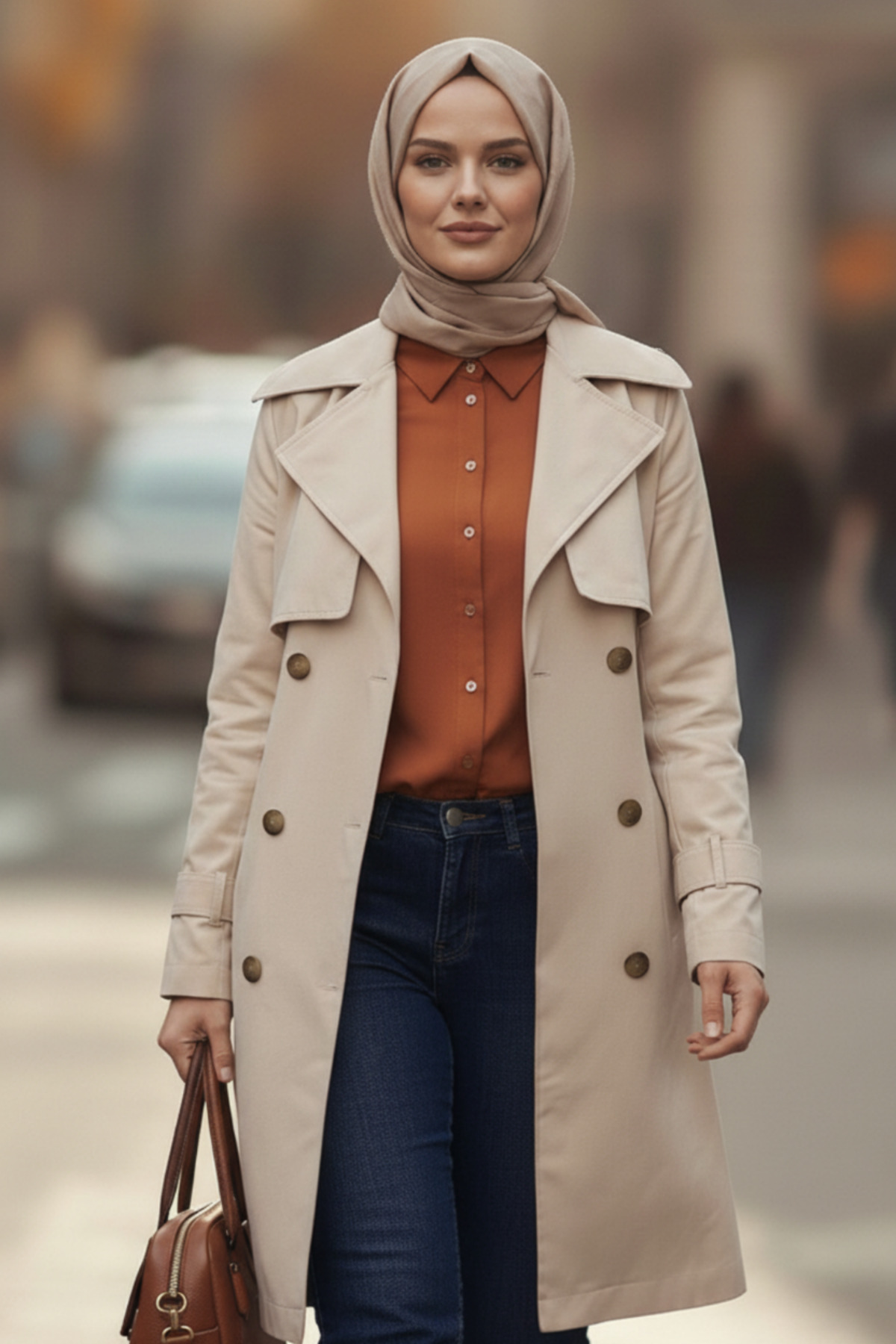 Taş Renk %100 Pamuk Gabardin Midi (95 cm) Astarlı Kemerli Kadın Tesettür Trençkot