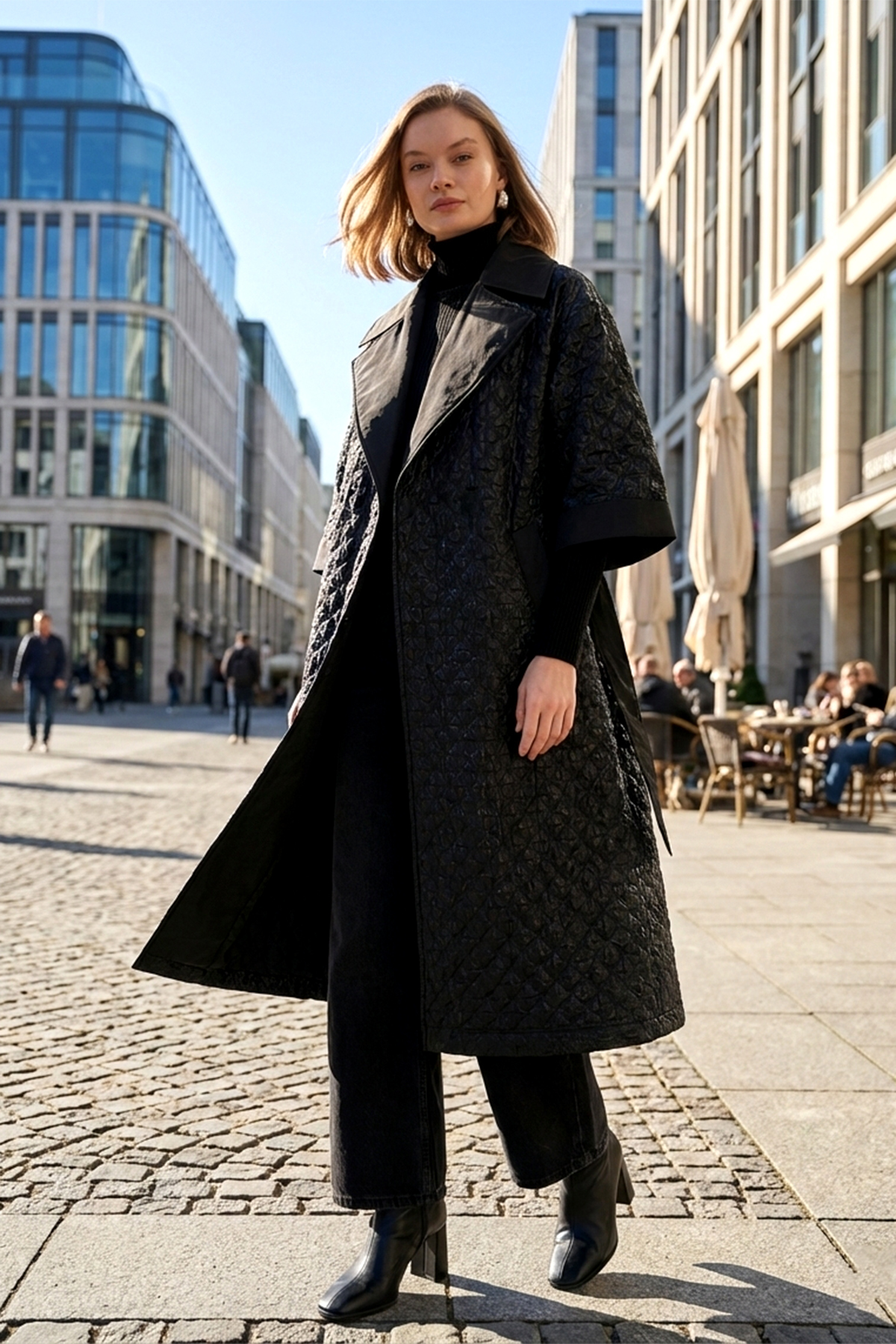 Kemer ve Çıkartılabilir Örme Kol Detay Kap Ceket 6014 Siyah