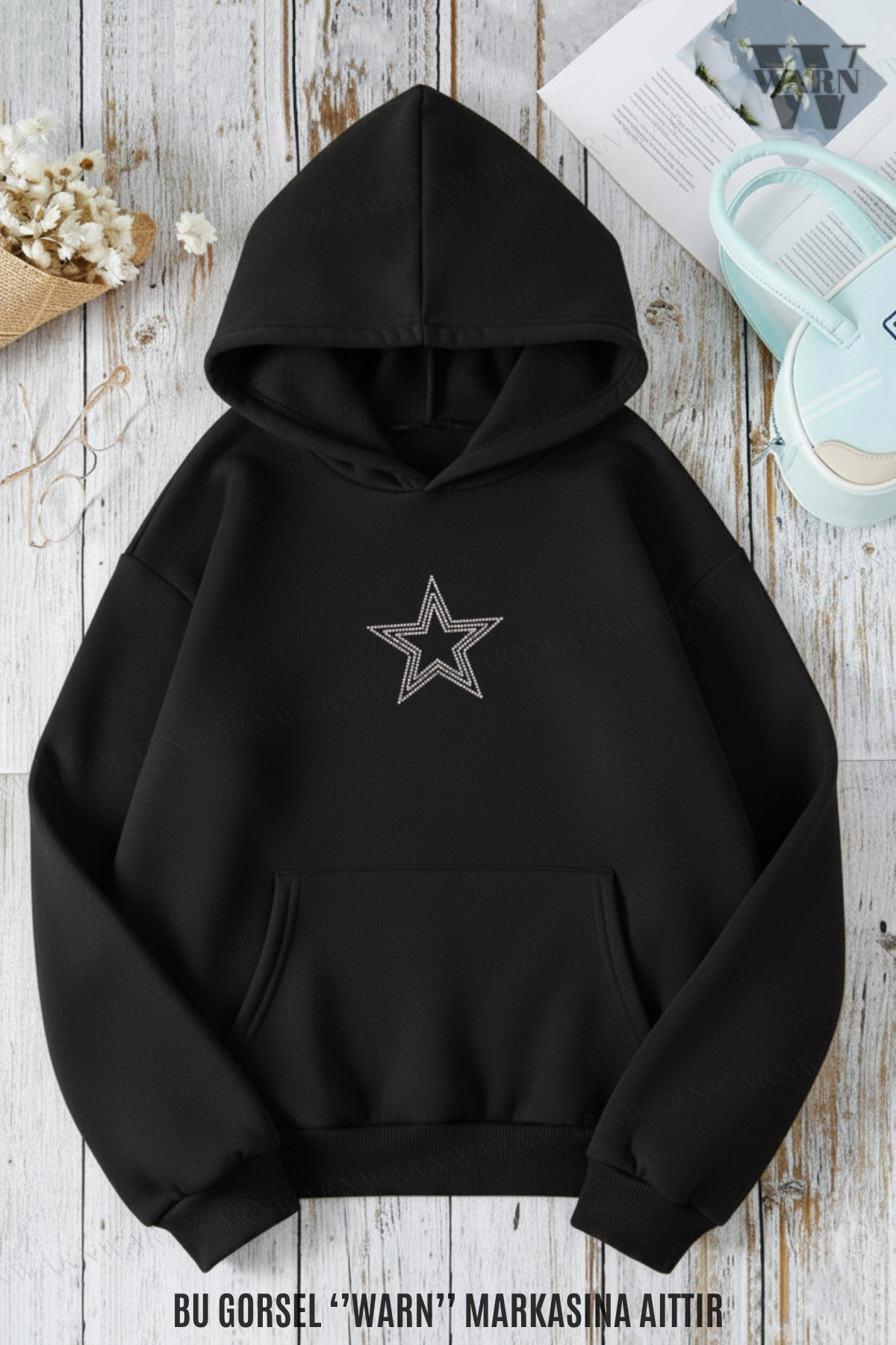 Siyah Star Yıldız Taş Baskılı 3 İplik Kapüşonlu Sweatshirt Oversize Kışlık %100 Pamuk