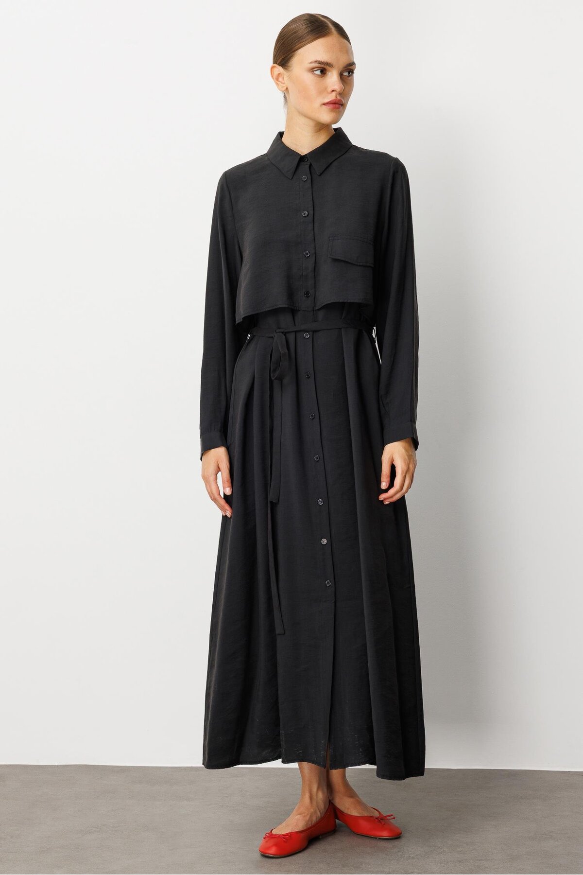 Soft Modal(%90) İçerik Aller Detay Kap Elbise Ferace-Siyah