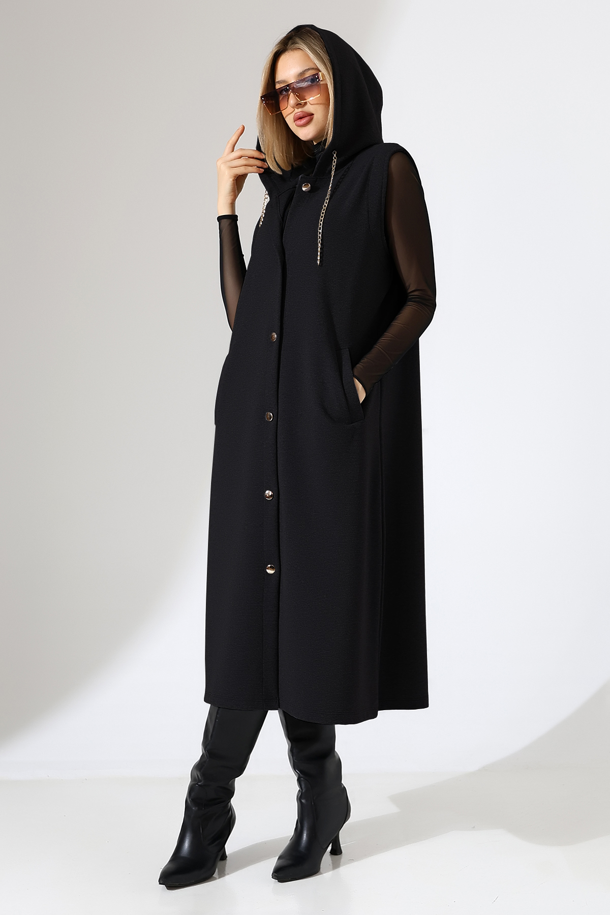 KARAS Kadın Rahat Kalıp Kapüşonlu Ottoman Yelek & Tesettür Yelek - Siyah