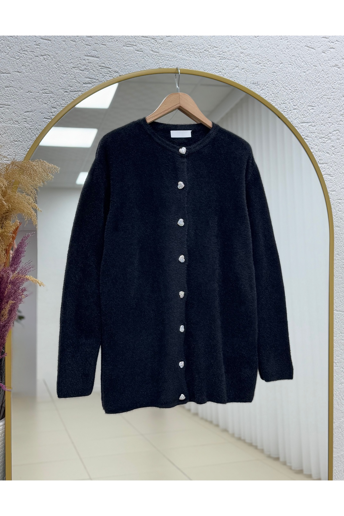 Adora Kalp Düğmeli Sakallı Hırka-KR3198 Siyah