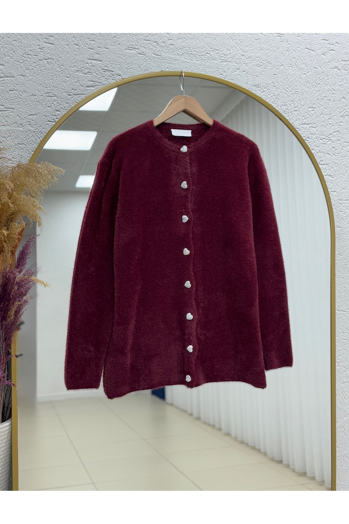 Adora Kalp Düğmeli Sakallı Hırka-KR3198 Bordo