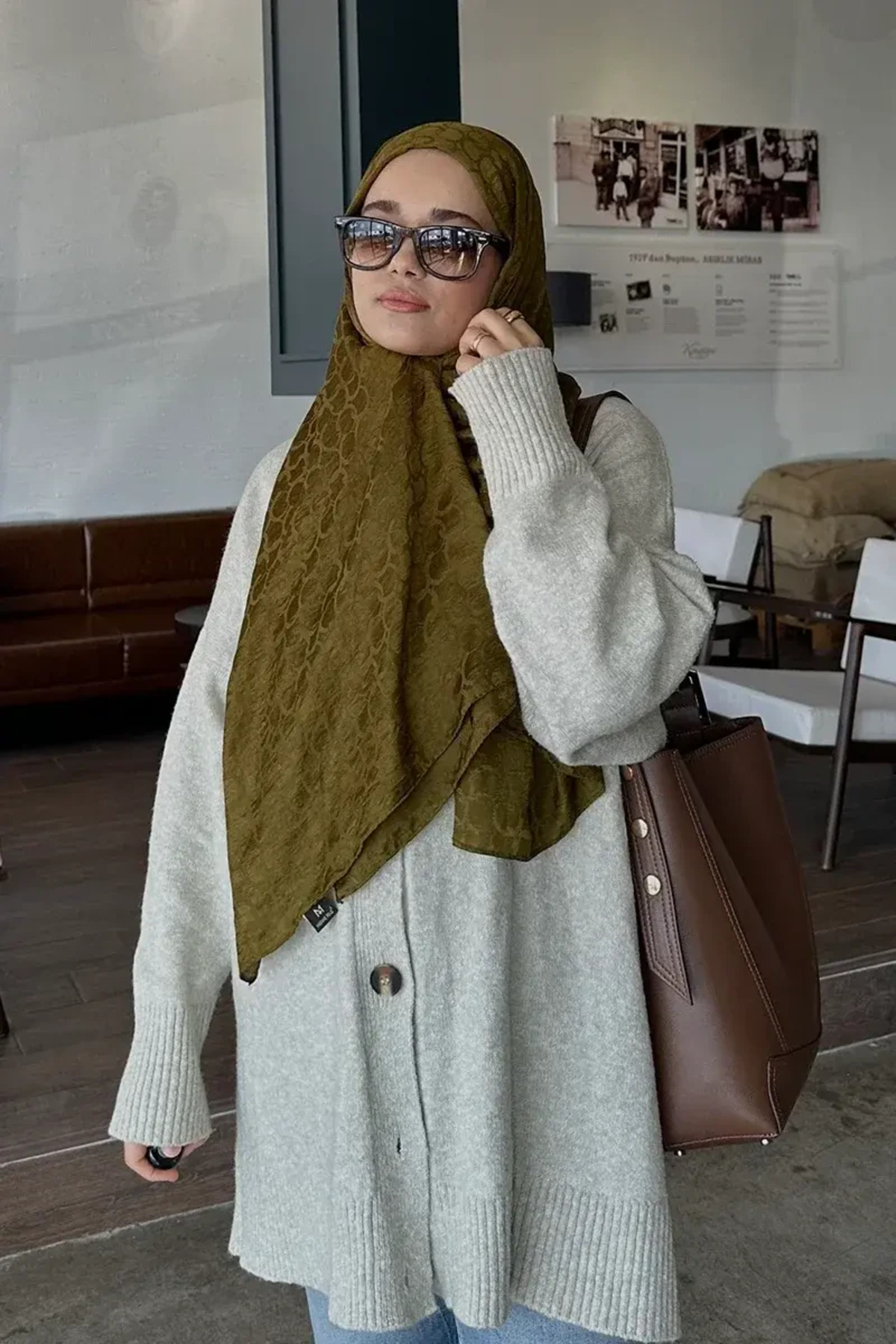 Premium Jakar Şal Halka Desen - Yağ Yeşili