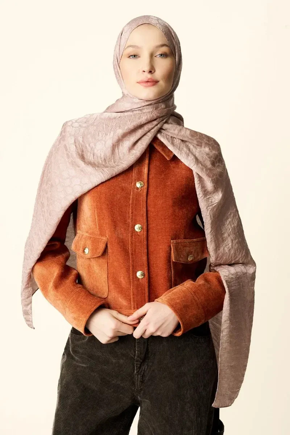 Premium Jakar Şal Halka Desen - Pudra