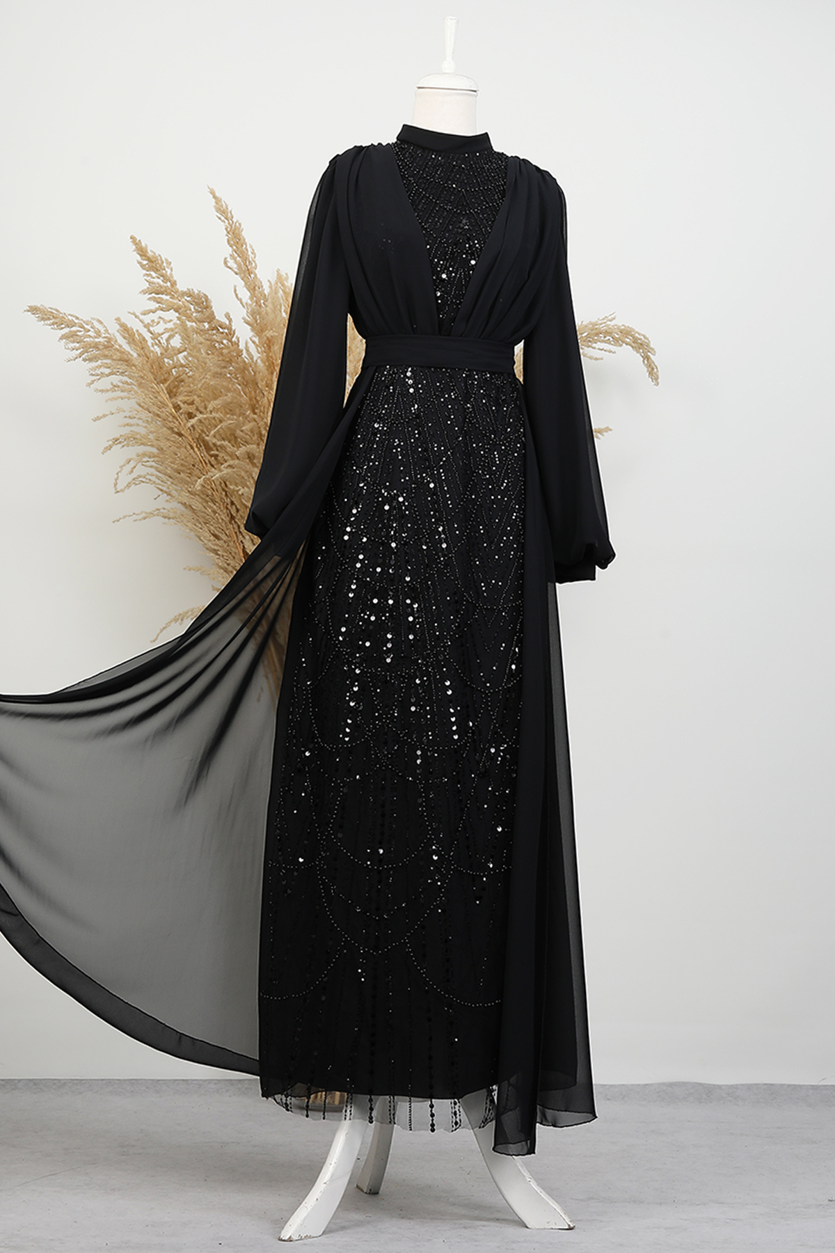 Yakamoz Taşlı Abiye Siyah