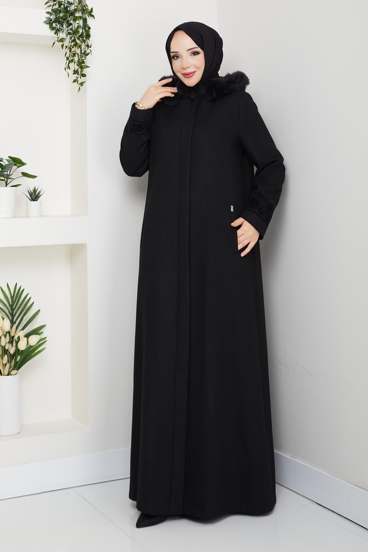 Büyük Beden Siyah Kışlık Kaşe Kadın Pardesü Geniş Rahat Kalıp Kapşonlu A kesim 58028