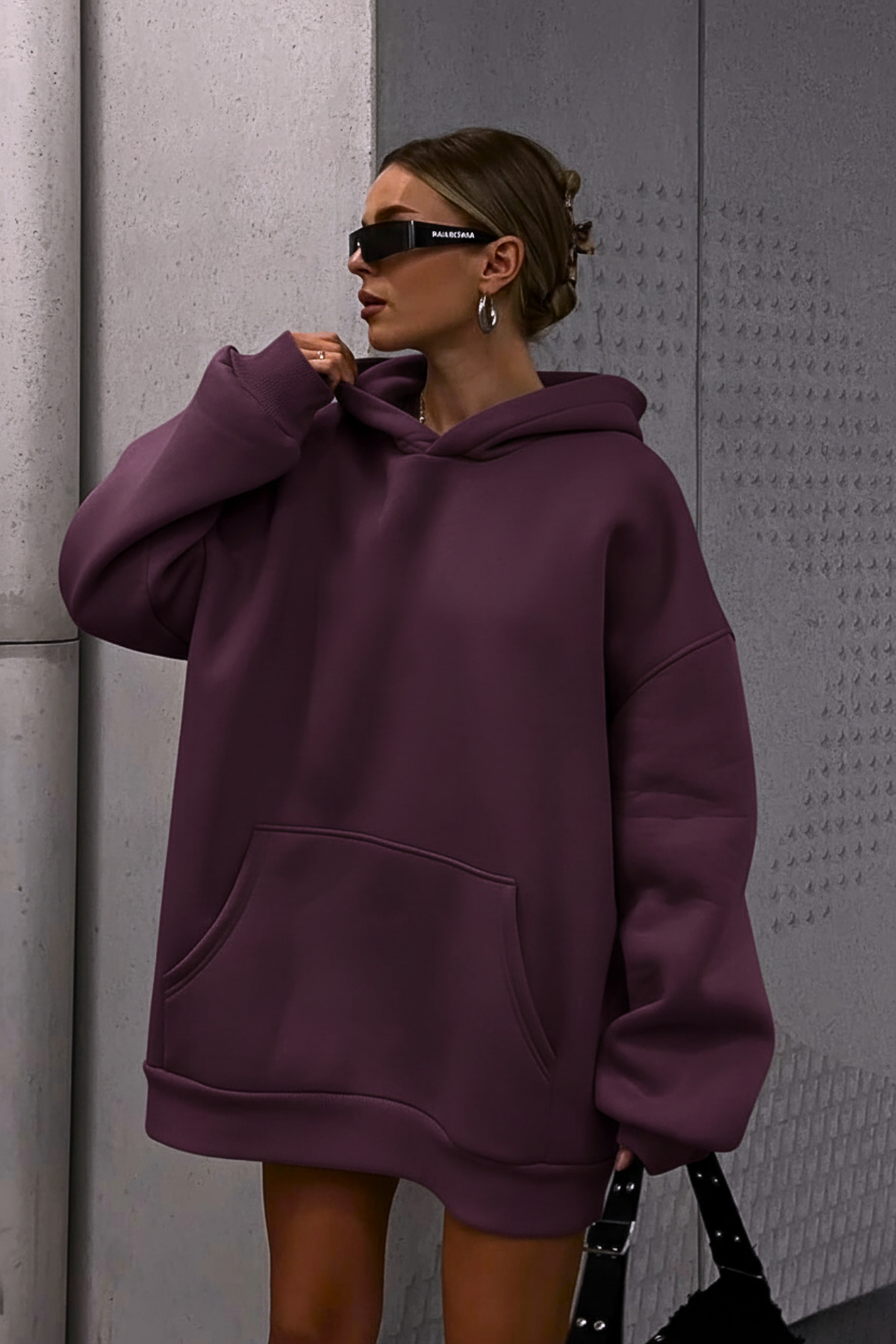 Unısex Mürdüm Yumuşacık Kumaşlı Oversize Fit Ici Polarlı Kapüşonlu Sweatshirt Hoodie