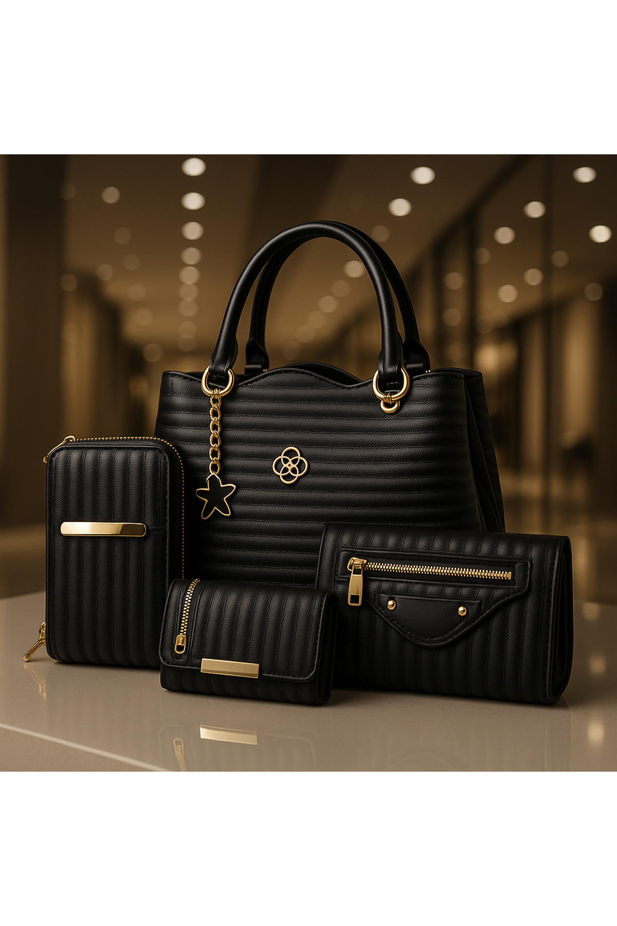 4’lü Kombin Omuz Çantası Bilek Askılı Çanta, Kartlık Ve Telefonluk Siyah Günlük Hediyelik Çanta