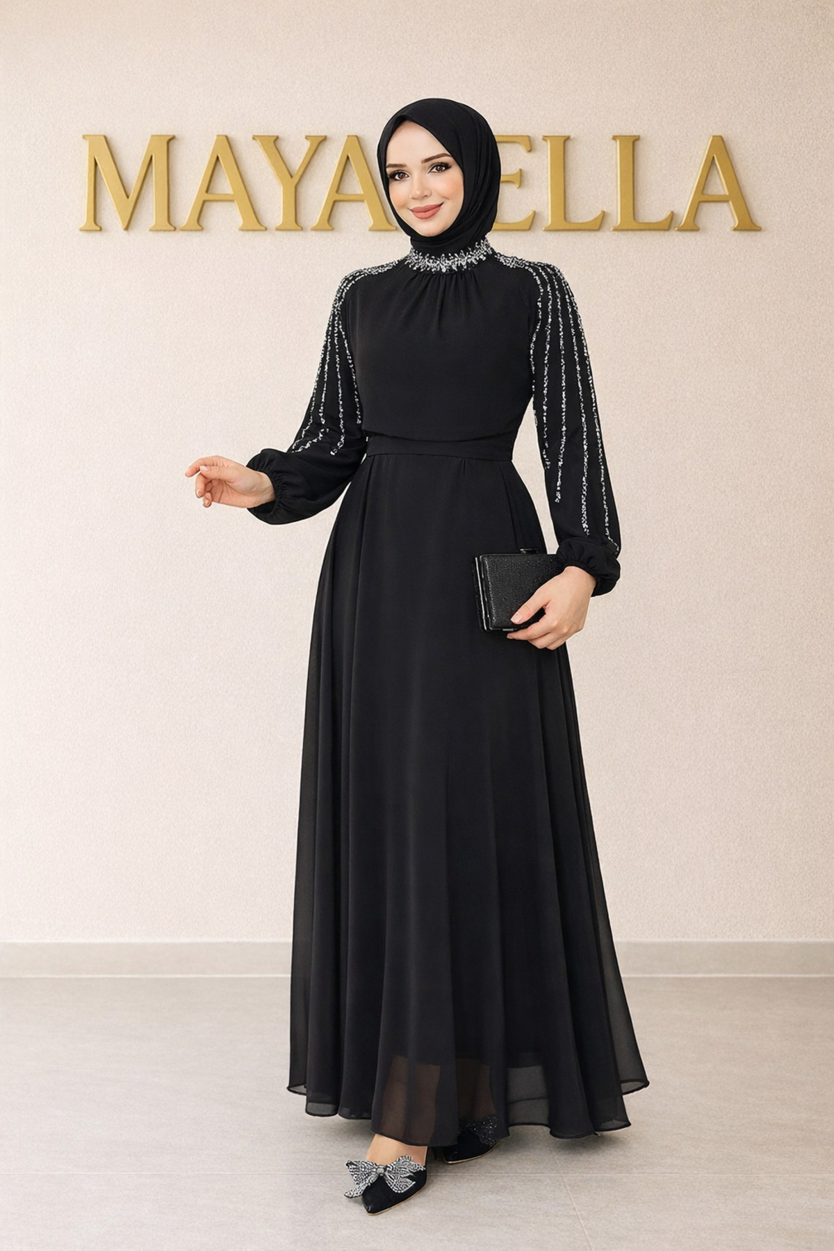 Kolları İşlemeli Tesettür Abiye Siyah