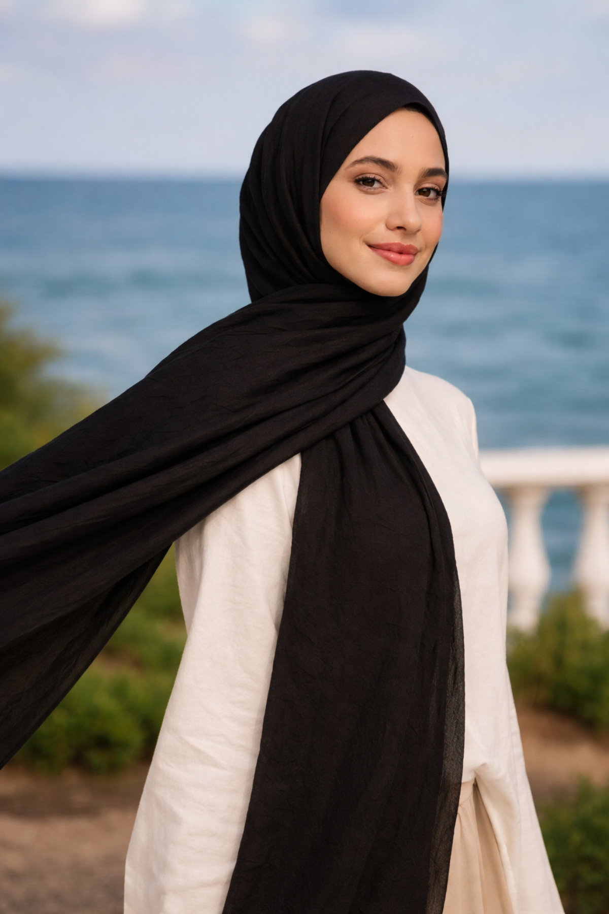 Bambu Kraş Pamuklu Şal ◇ Siyah ◇ Ütü Gerektirmeyen Kırışık Doku ◇ Kaymayan Nefes Alan Hafif Kumaş