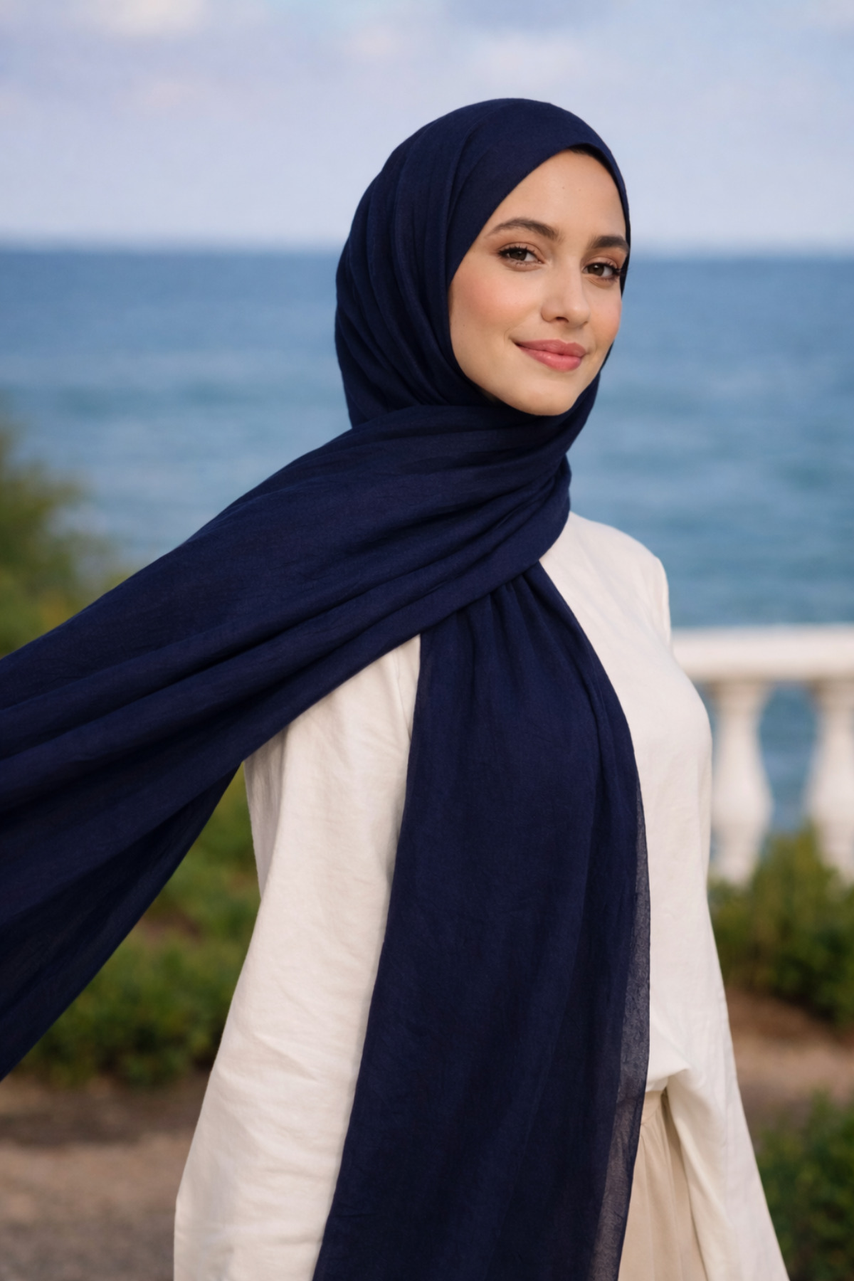 Bambu Kraş Pamuklu Şal ◇ Lacivert ◇ Ütü Gerektirmeyen Kırışık Doku ◇ Kaymayan Nefes Alan Hafif Kumaş