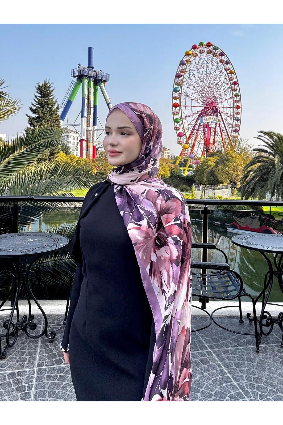 Çiçek Desenli Lila İnce Vual Şal