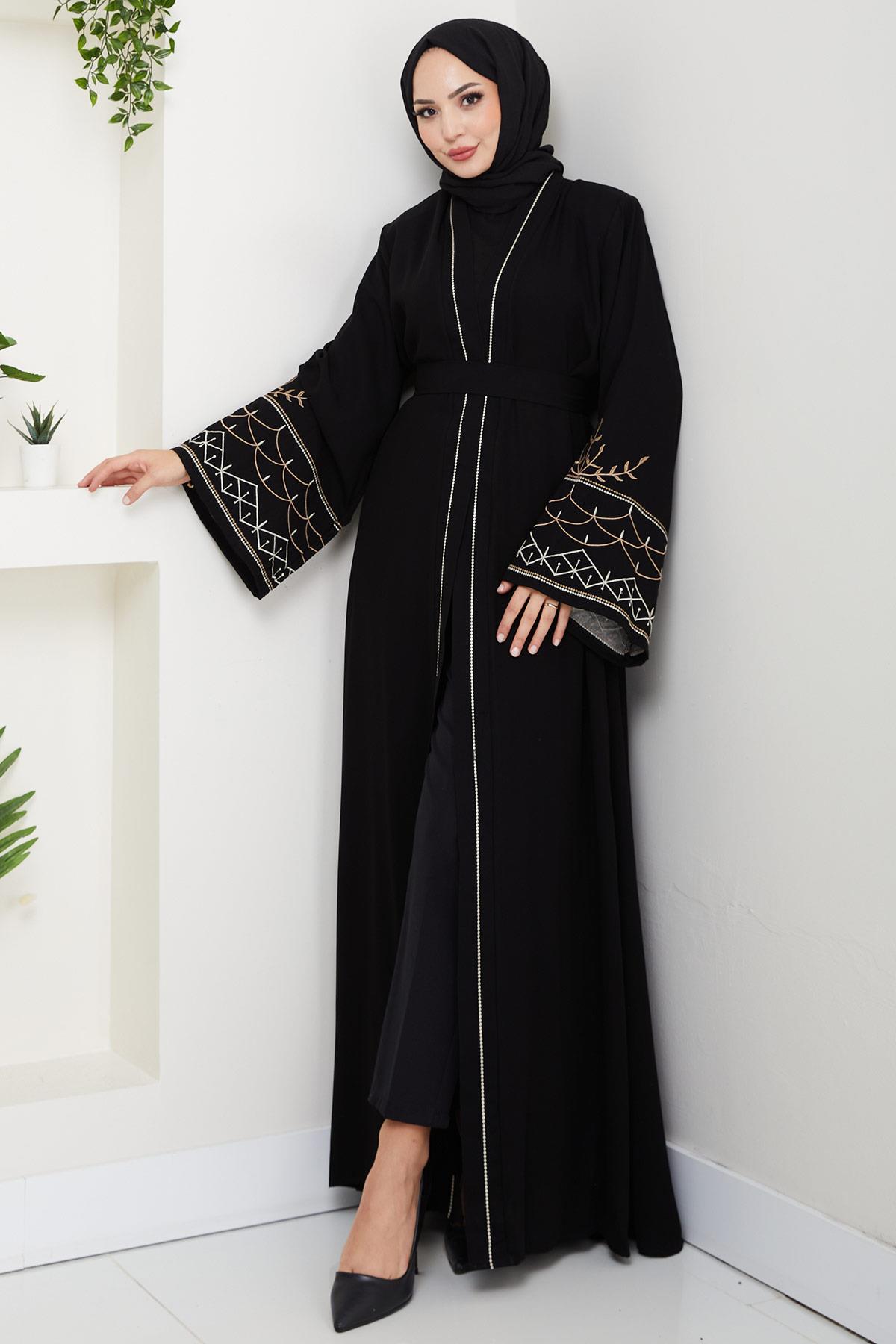 Nakışlı Kuşaklı Abaya Siyah HM2852