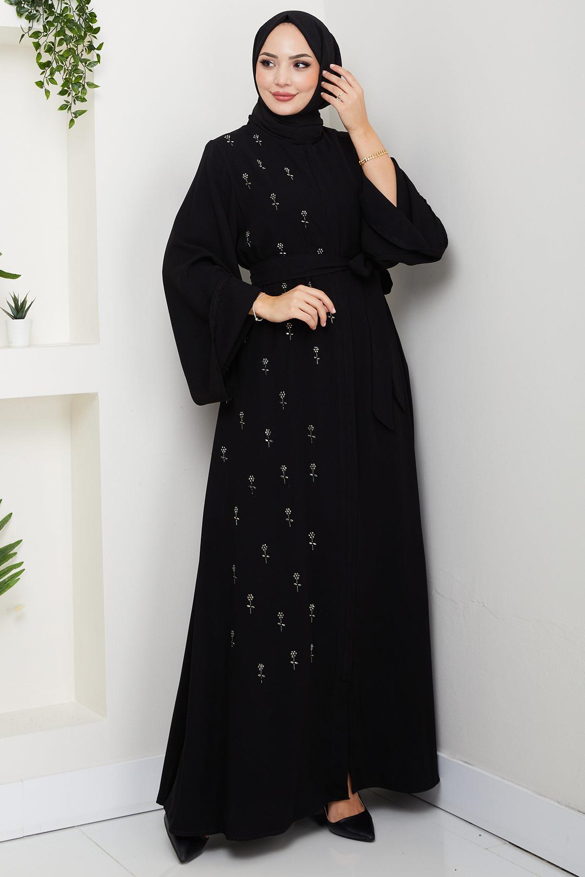 Kuşaklı Çiçek Taşlı Ferace Siyah HM2853