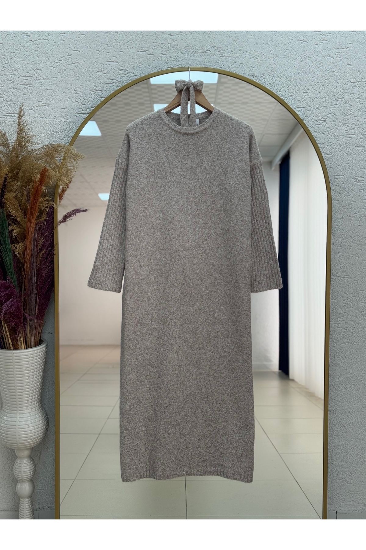 Fionelle Kolu Fitilli Kemerli Triko Elbise-KR5057 Taş