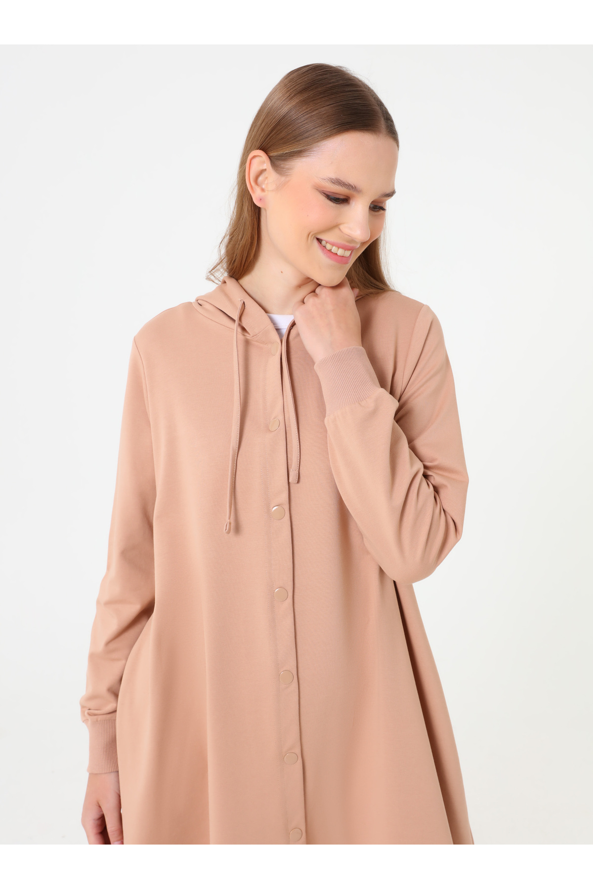 Kapüşon Detaylı Çıtçıtlı Spor Kap / Pardesü - Koyu Krem -