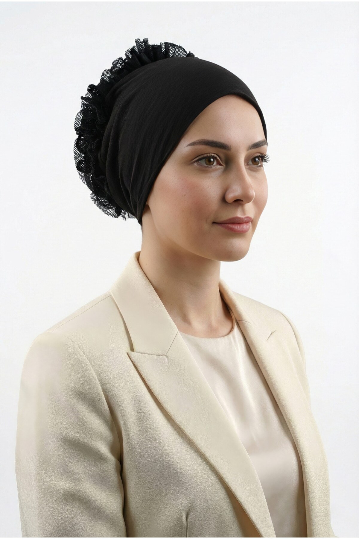 Siyah ◇ Pamuklu Fırfırlı Bone ◇ Kaymayan Dikişsiz Topuz Bonesi ◇ Günlük Pratik Şık Tesettür