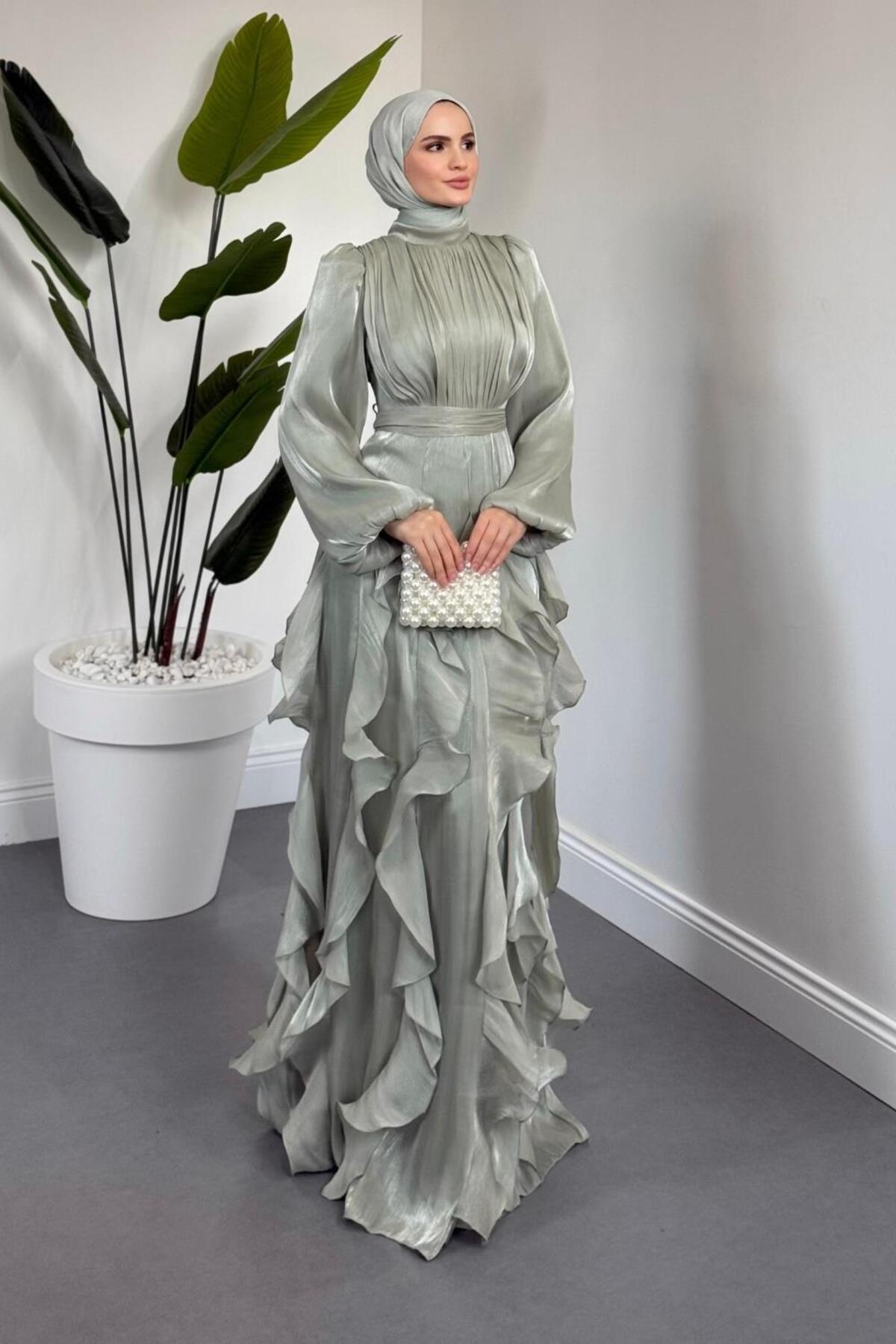 Noveline Eteği Fırfırlı Jan Jan Abiye Mint