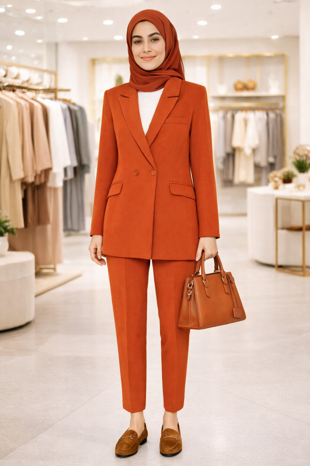 Terracotta Blazer Ceket-Pantolon Dokuma Alt-Üst Takım