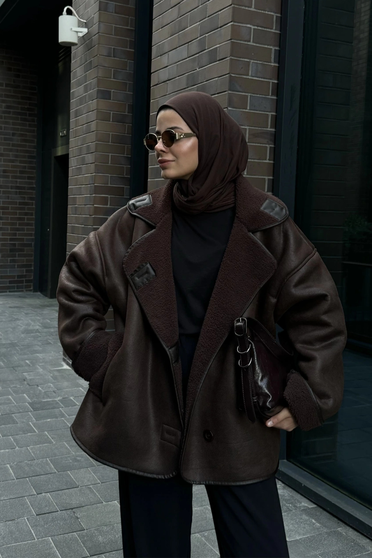 Else Acı Kahve Dokulu Süet Içi Peluşlu Oversize Zr Model Mont