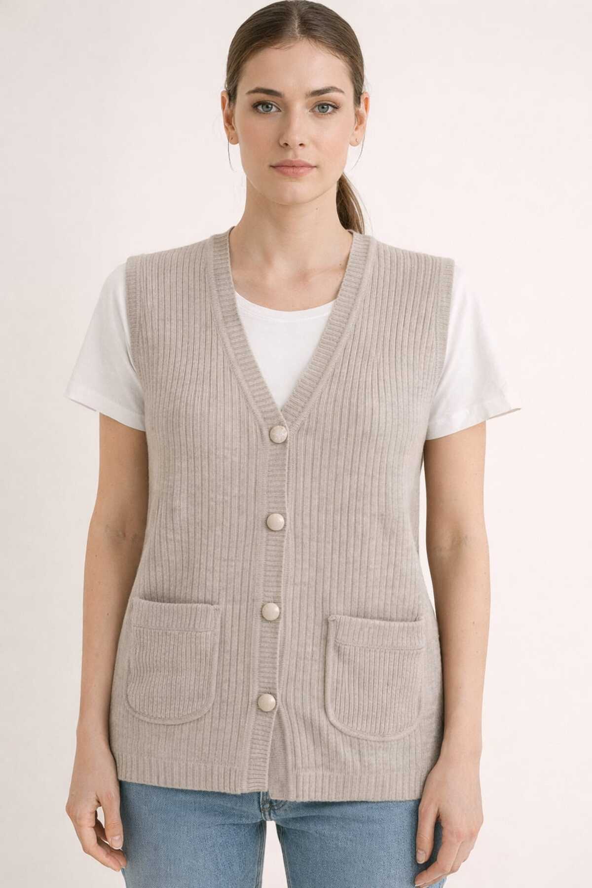 Kadın V yaka fitilli triko anne yelek büyük beden cepli rahat kesim