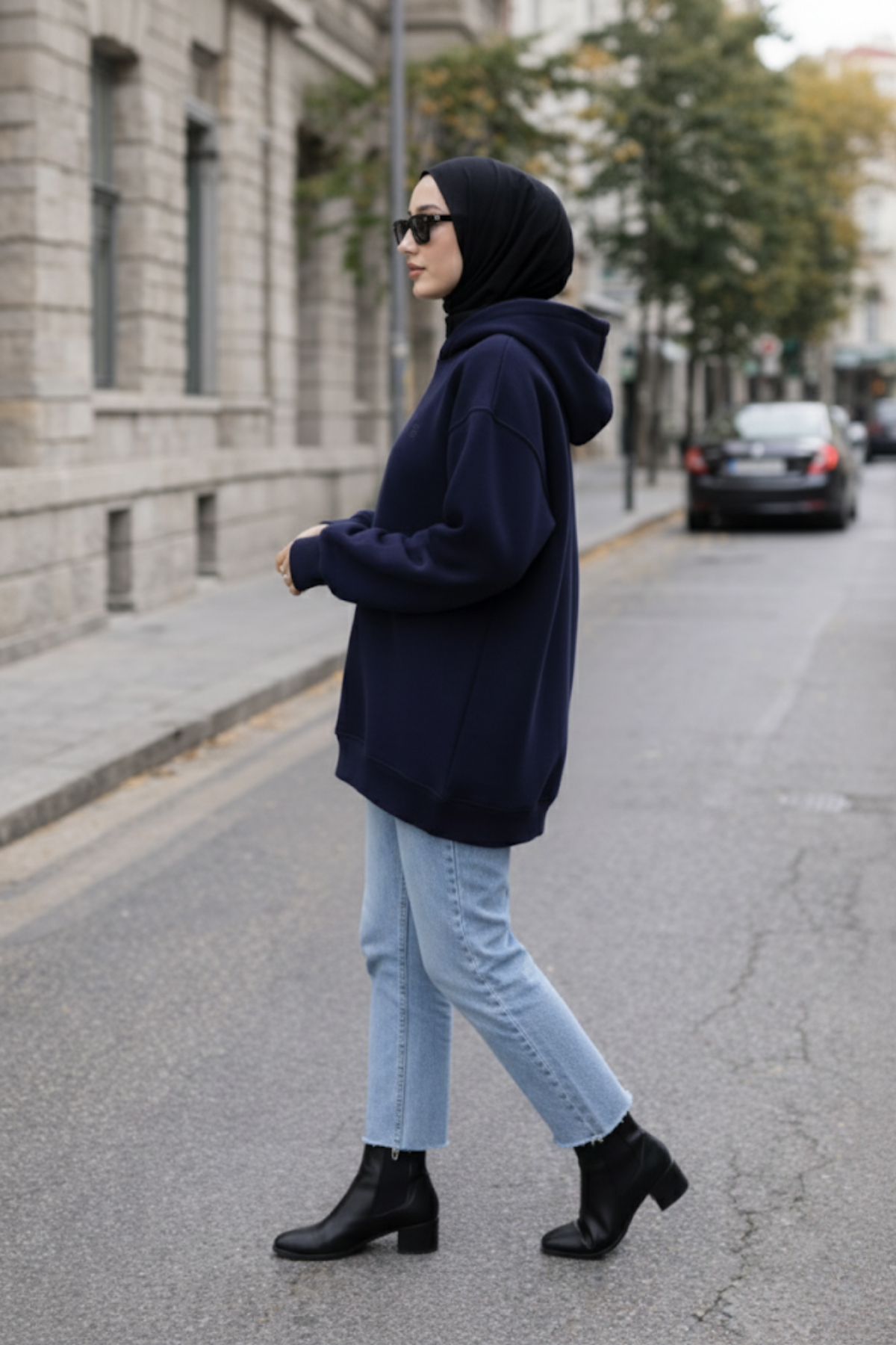 Lacivert Pamuklu Kapüşonlu 3 İplik Şardonlu Kalın Sweatshirt