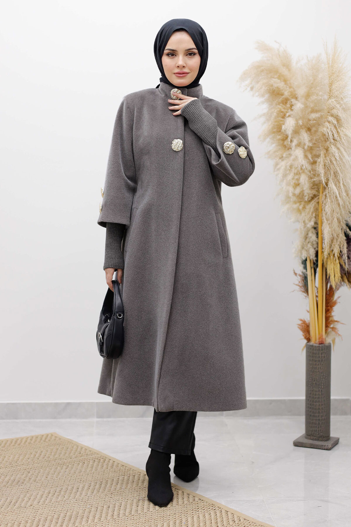 Kol Ucu Triko Detaylı Angora Fox Kaban TSD250246 Açık Gri