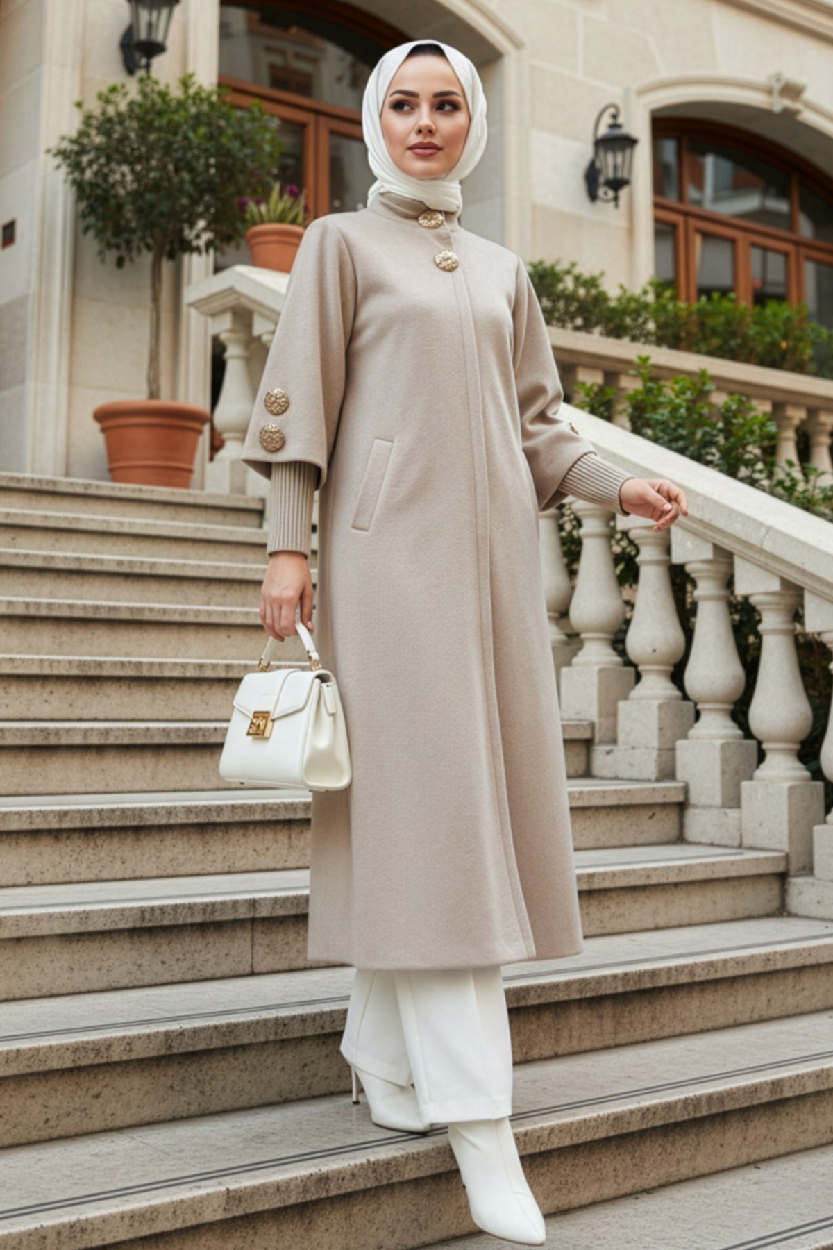 Düğme Detaylı Bej Tesettür Kaşe Kap 62541BEJ