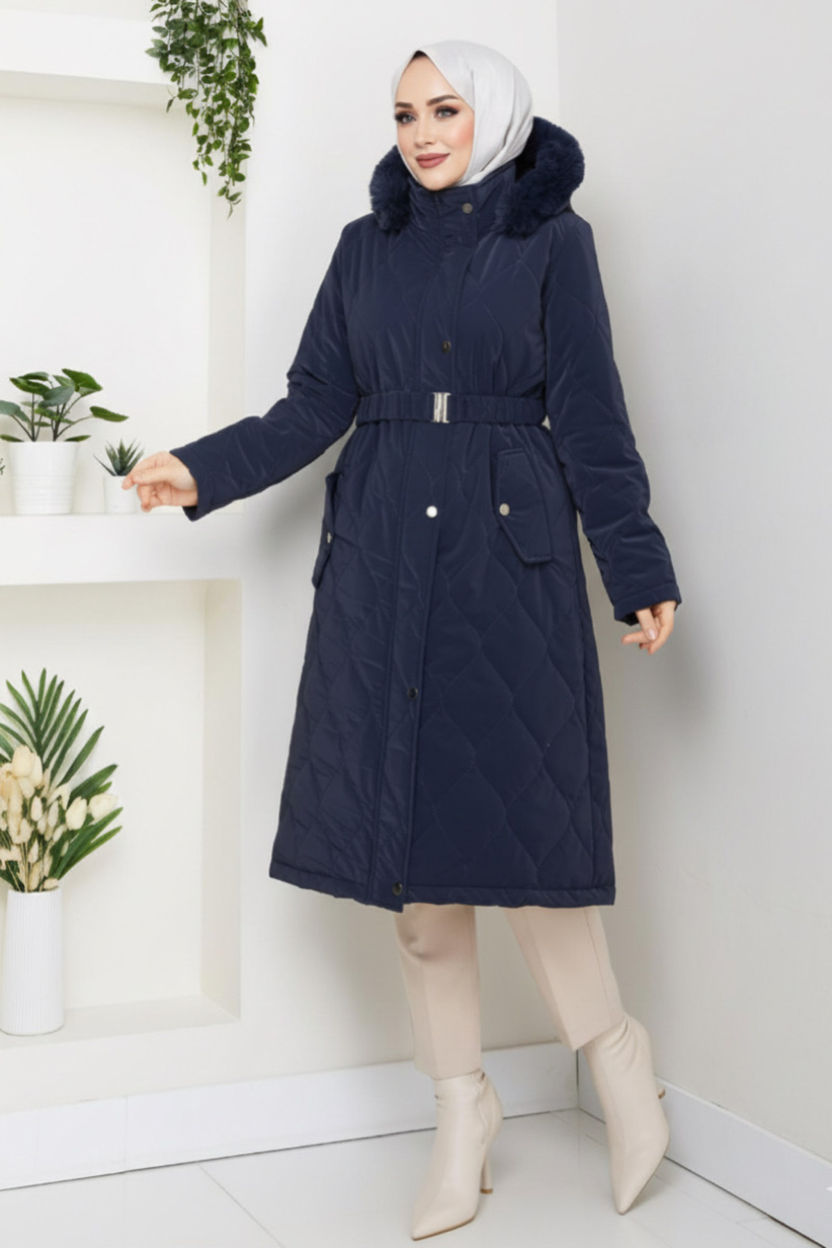 Kadın Kemerli Nova Kumaş Mont