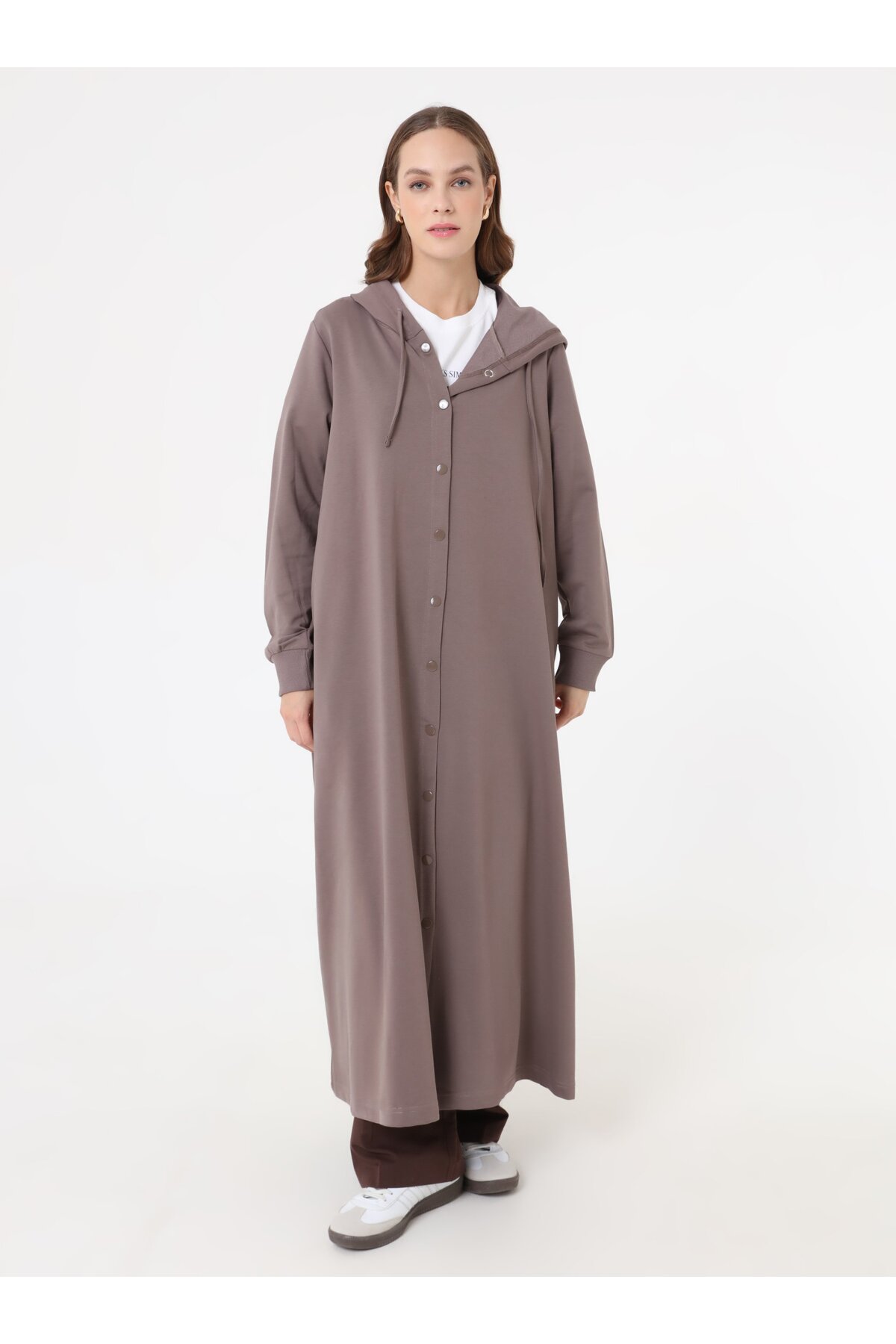 Kapüşon Detaylı Çıtçıtlı Spor Kap / Pardesü - Vizon Kahve -