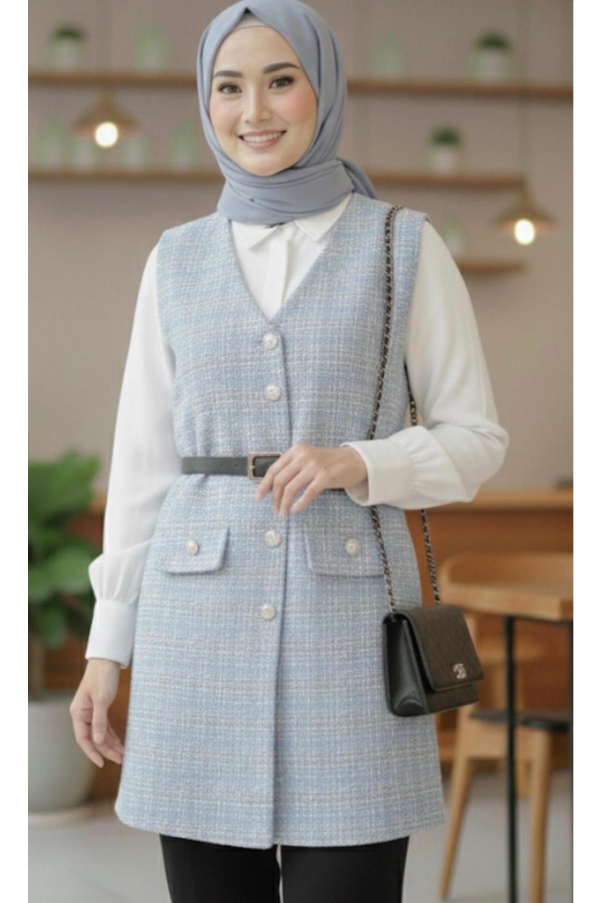 KADIN MAVİ TÜVİT ASTARLI YELEK◆KLASİK KESİM◆DÜĞME DETAYLI◆SADE ŞIK◆TESETTÜR YELEK◆KEMER DAHİL DEĞİL