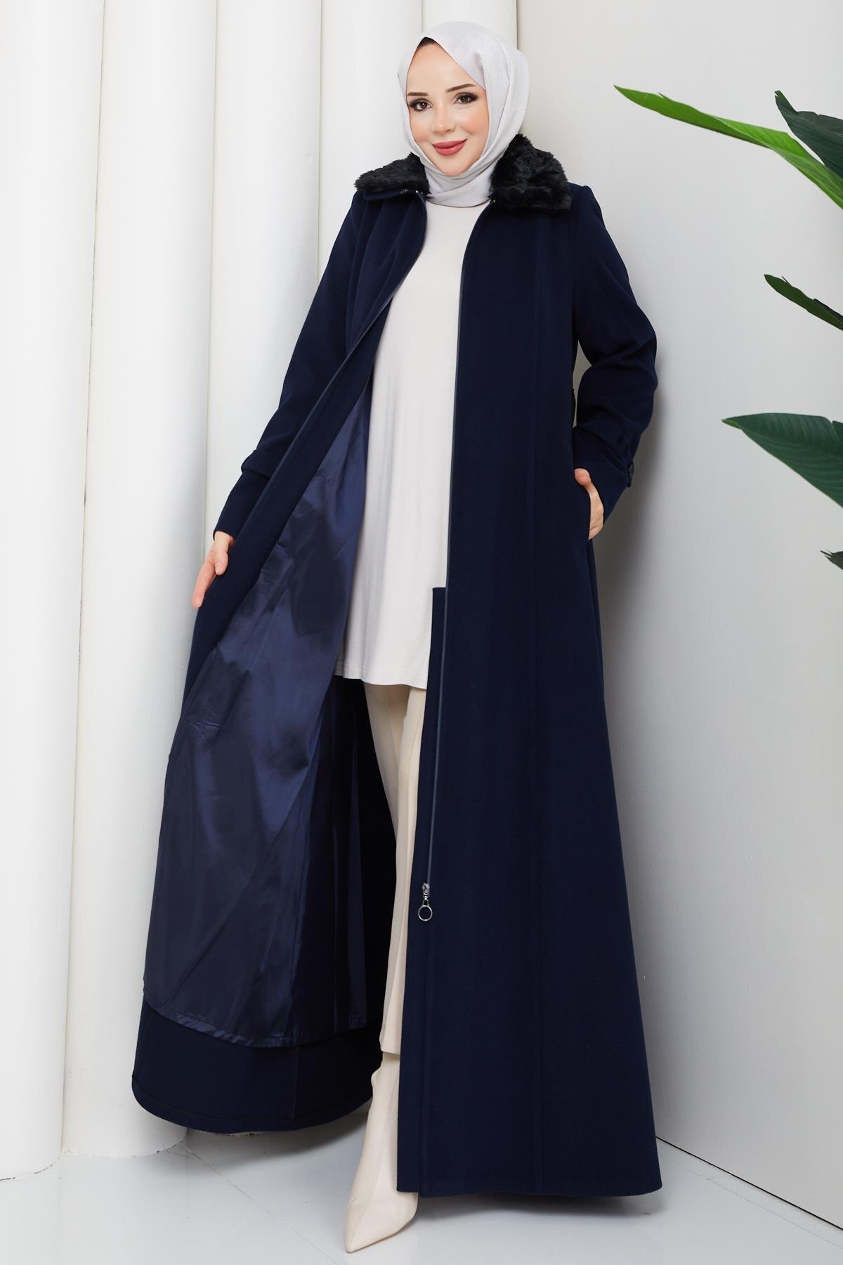 Büyük Beden Kışlık Kaşe Kadın Lacivert Pardesü 2606