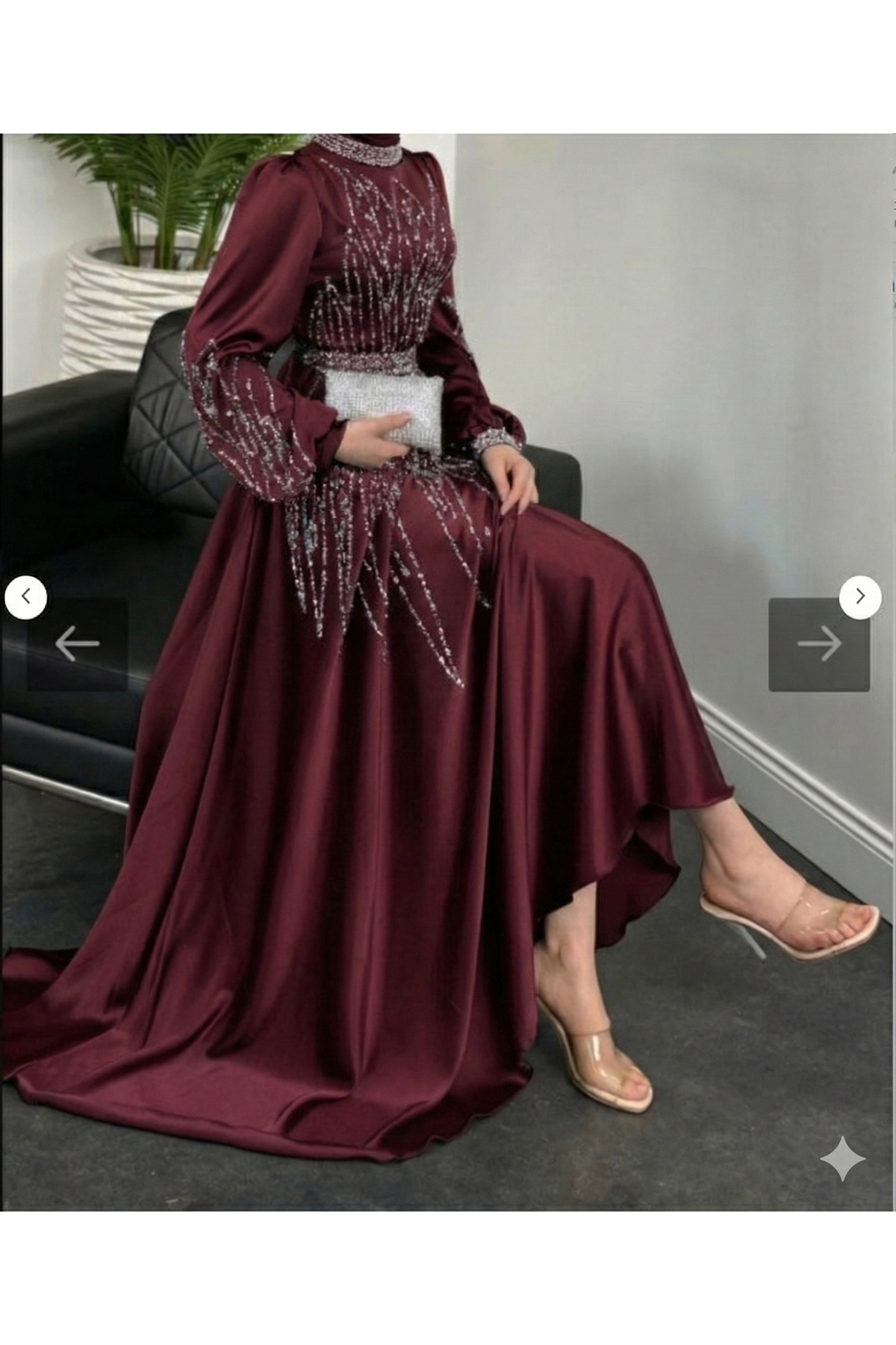 Saten Taş Detaylı Uzun Tesettür Abiye (NİŞAN-DÜĞÜN)