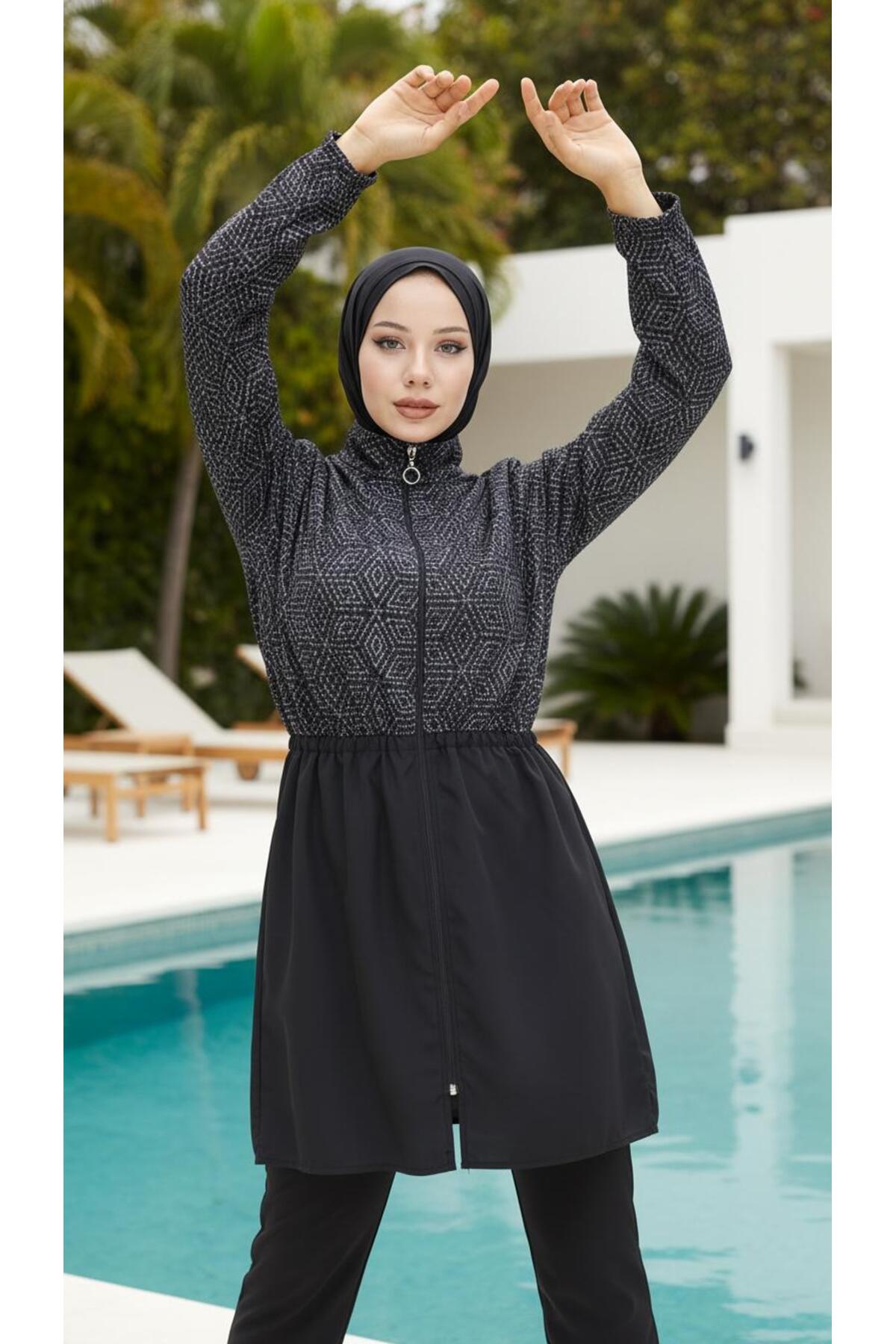 Lamis Kadın Tam Kapalı Desenli Tesettür Mayo 4lü Takım Bone ve Çantalı