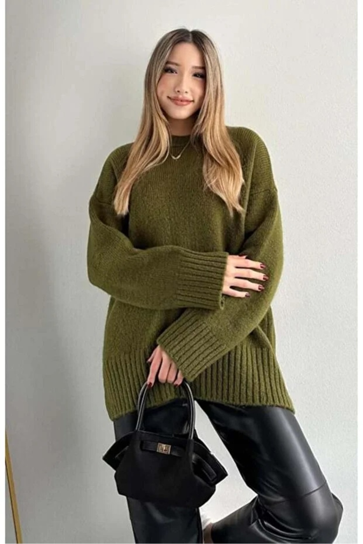 Kadın Bisiklet Yaka Oversize Haki Triko Kazak